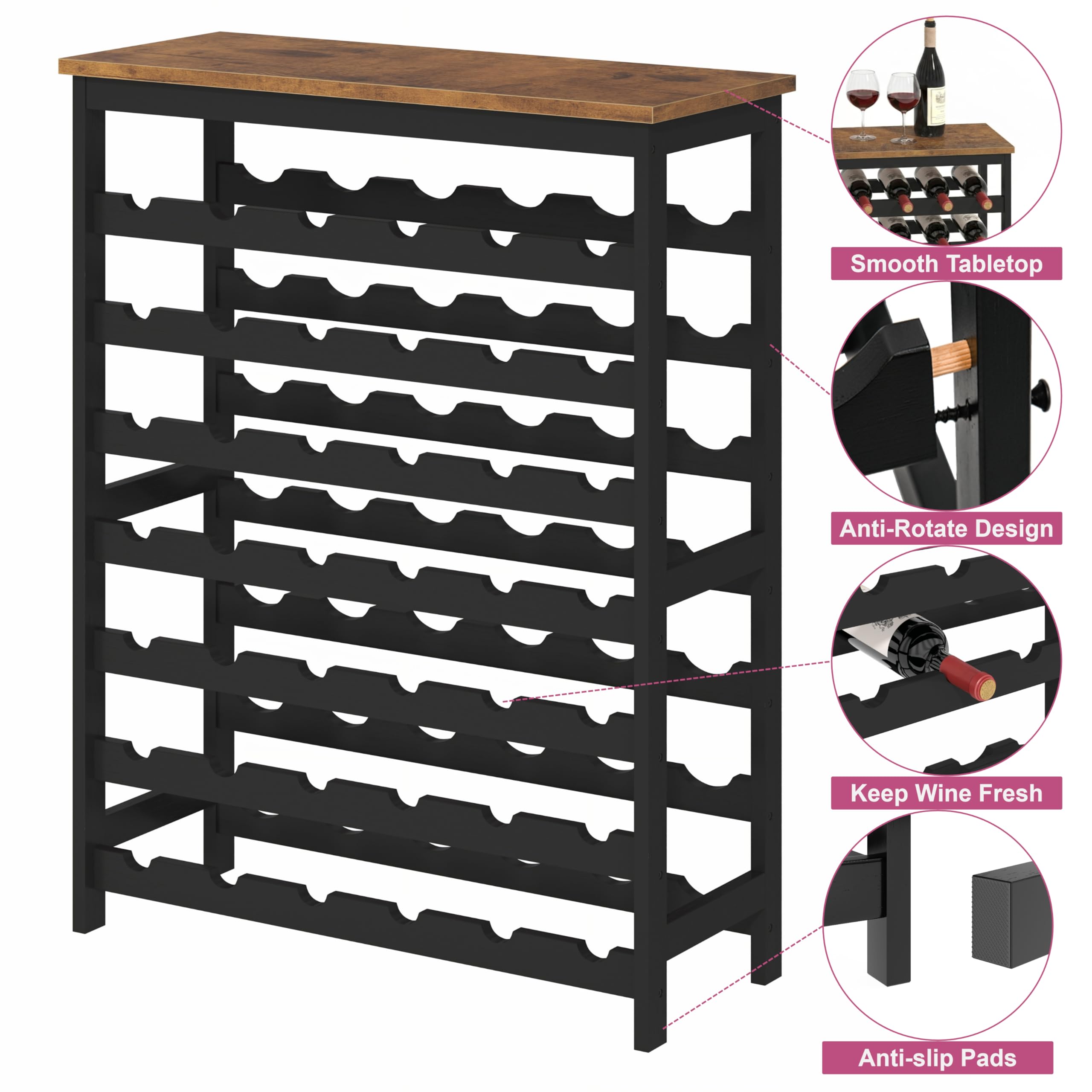 Cabonpanel 42 Bottles Bamboo Wine Rack Freestanding Floor, 7-Tier Wine Storage Shelf with Table Top, Wine Display Holder for Kitchen Pantry Bar Cellar, Rustic Brown and Black