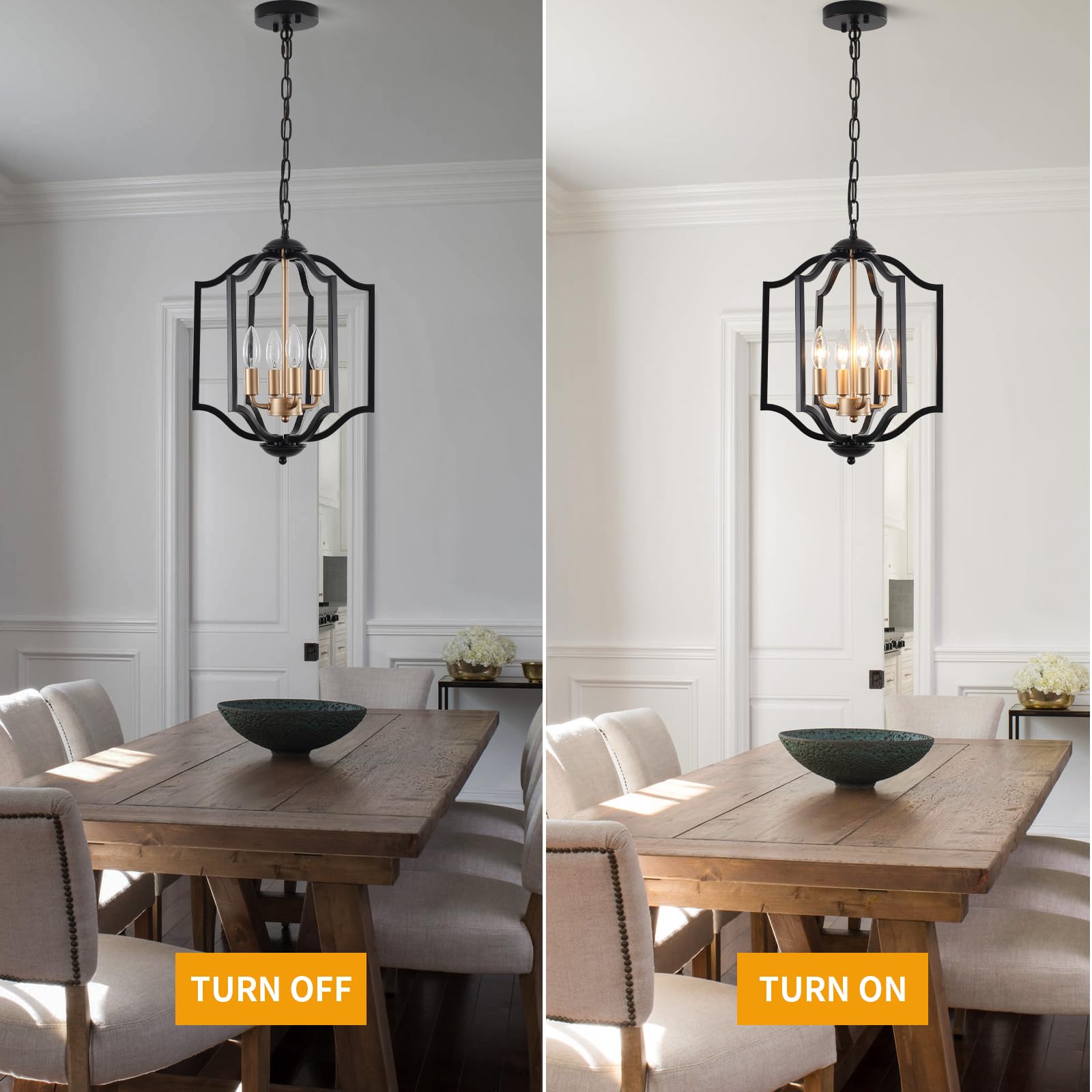 MIAYBPH Black and Gold Chandelier Light Fixture, 4-Light Farmhouse Chandelier Dining Room Light Fixtures Rustic Hanging Small Entryway Pendant Light for Kitchen Island Foyer Living Room