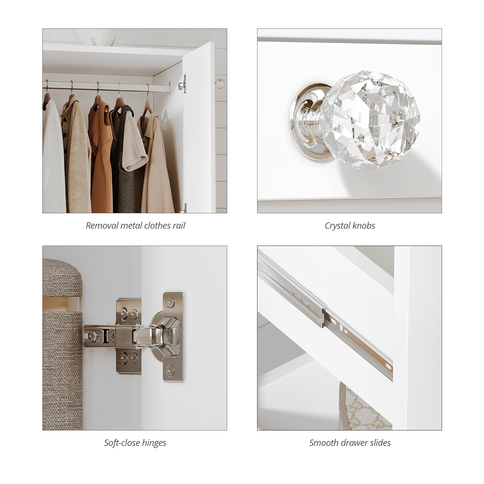 VOWNER Armoire Wardrobe Closet with 4 Drawers and 2 Doors, 43''H Clothing Storage Cabinet Dresser with Hanging Rod, Cothes Wardrobe for Bedroom, Baby Closet, White