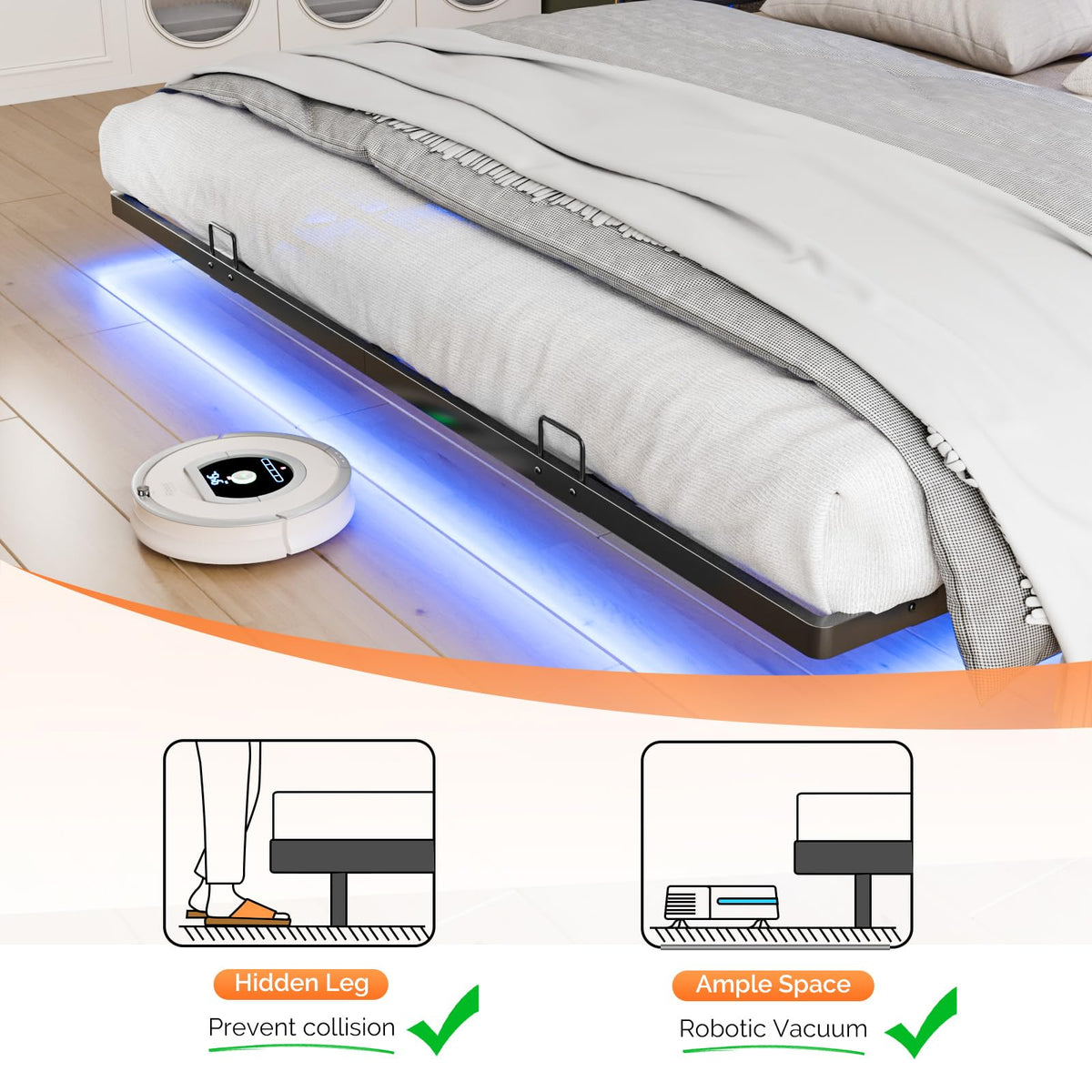VINGLI King Size Floating Bed Frame with LED Lights and Charging Station, Cozy Hidden Storage Velvet Upholstered Headboard,No Box Spring Needed,Easy Assembly,Black