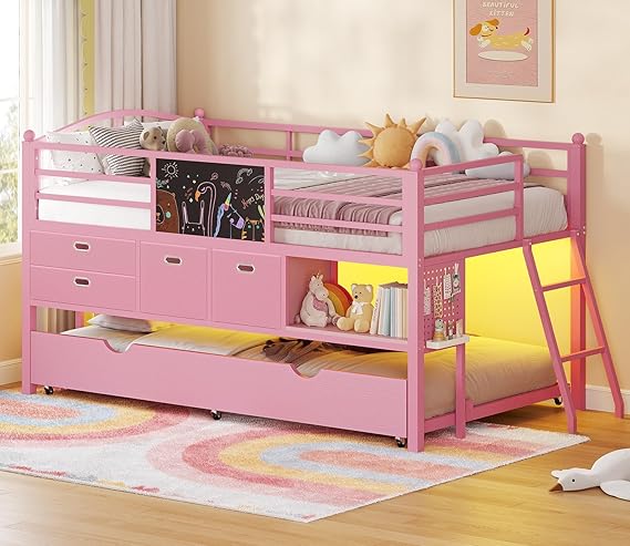 Low Loft Bed Twin with Trundle, LED Lights & Storage