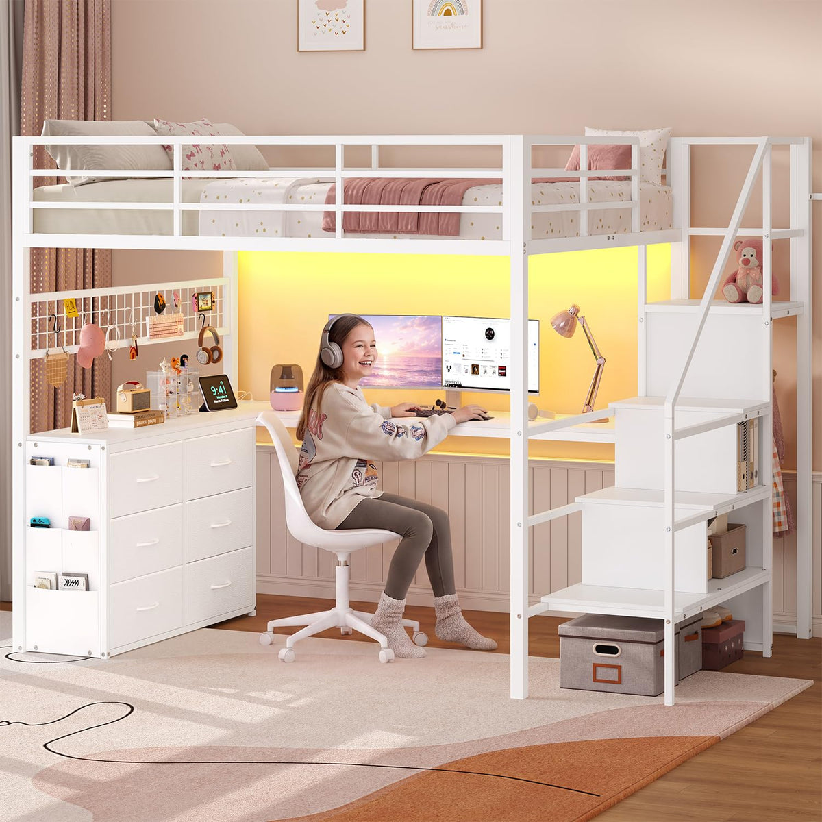 ADORNEVE Full Size Loft Bed with L Desk and Storage Stairs, White