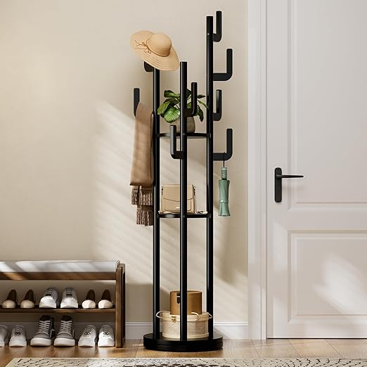 360° Rotating Freestanding Coat Rack with 9 Hooks & 3 Shelves