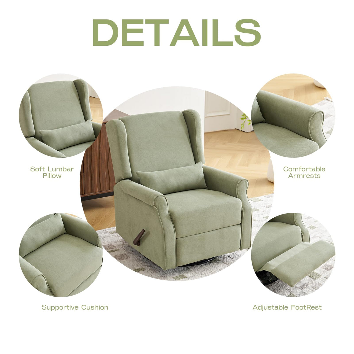 Green Chenille Swivel Rocker Recliner