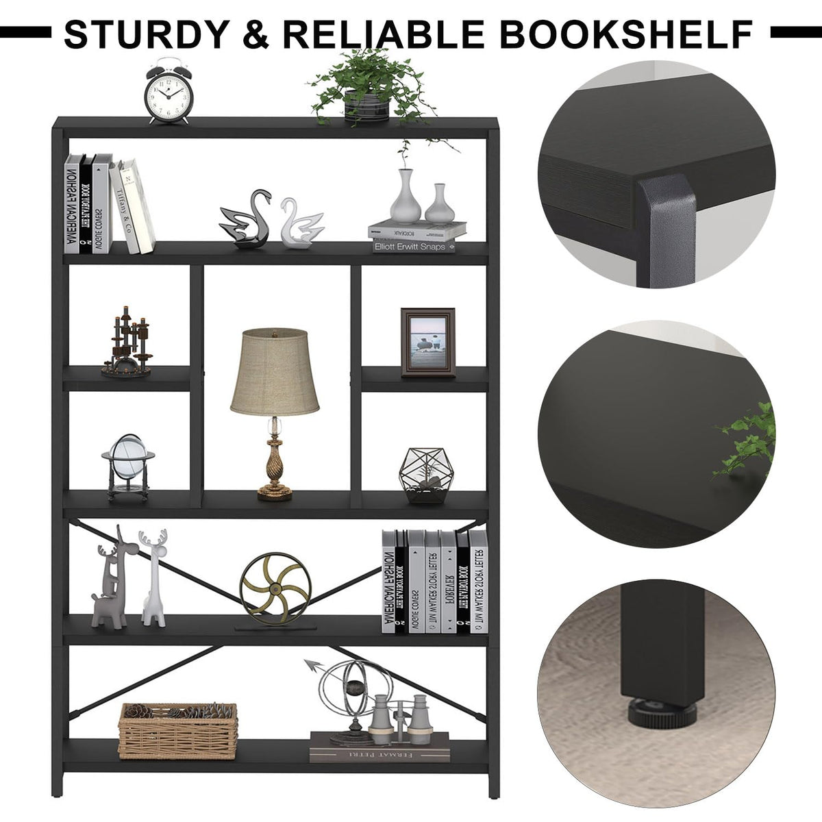6-Tier Black Oak Bookshelf