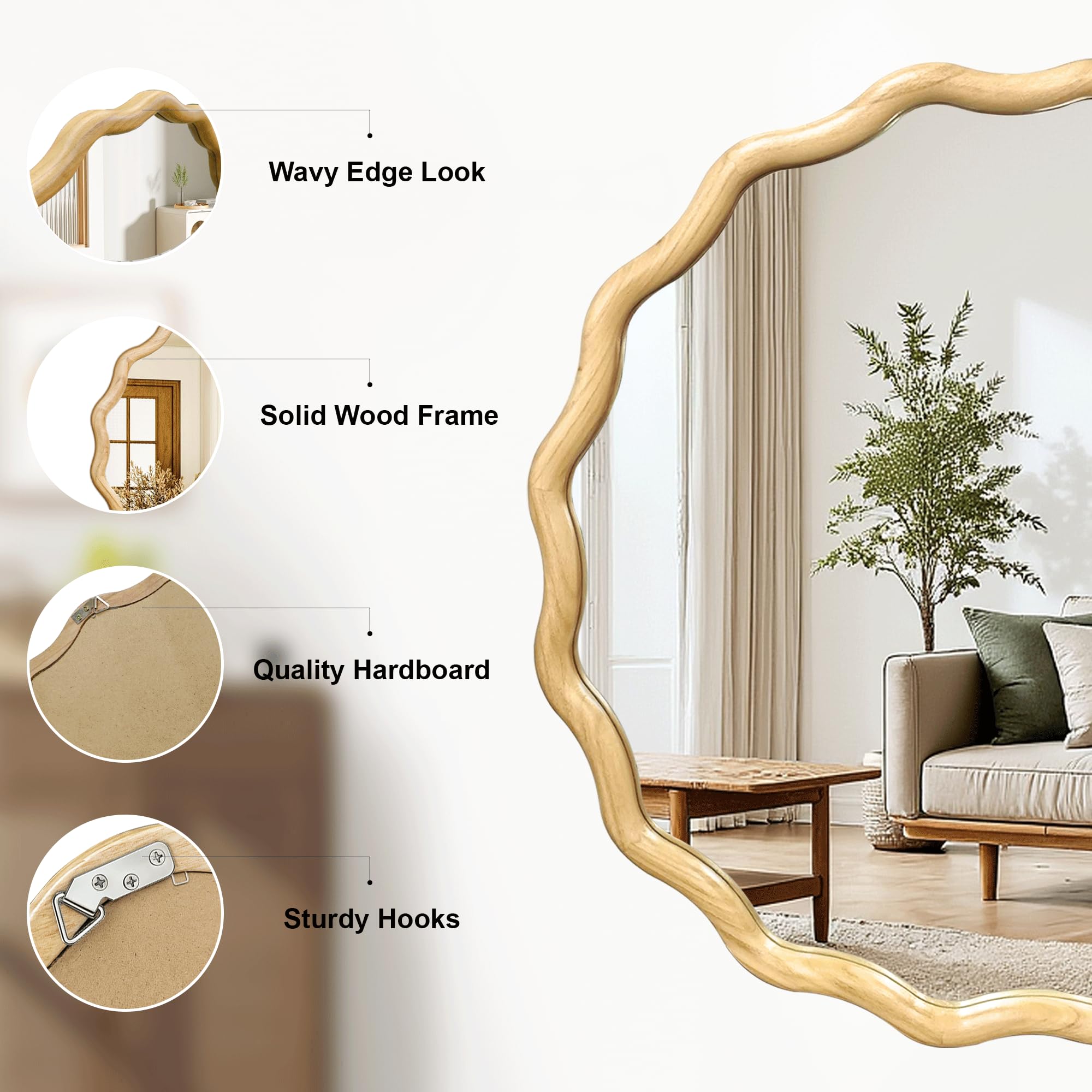 Circle Wood Mirrors for Wall, Wavy Round Bathroom Scalloped Mirror Wooden Frame 28 Inch for Living Room Farmhouse Bedroom Hallway Entryway Living Room with Shatterproof Glass Wall Mounted