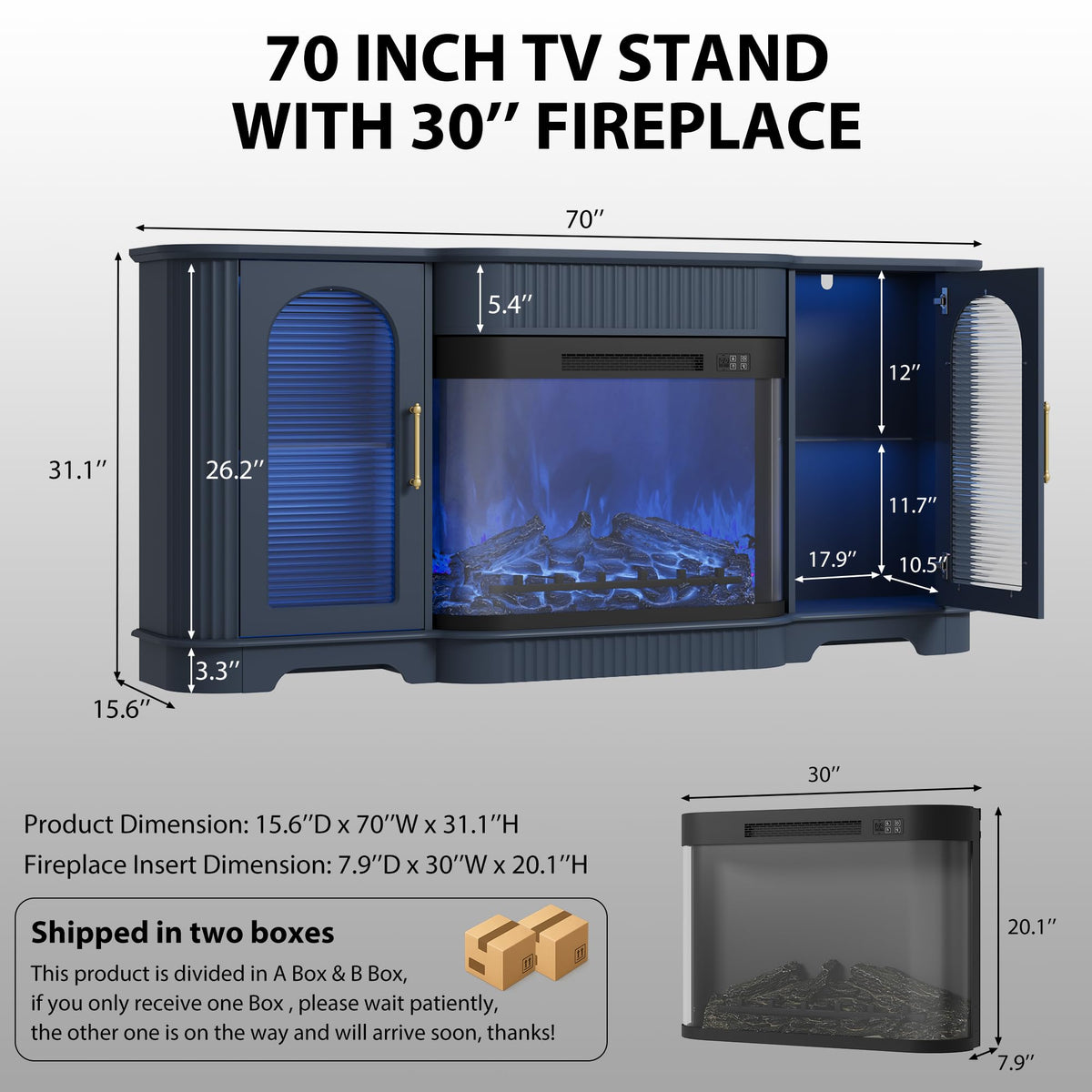 RNLRNL 70" Fluted TV Stand with 30" Curved Electric Fireplace, Navy Blue