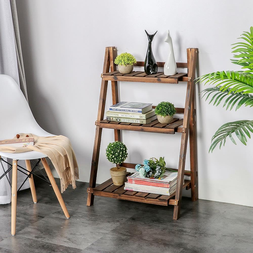 Yaheetech Wooden Plant Stand, 3-Tier Foldable Ladder Shelf, Indoor Outdoor