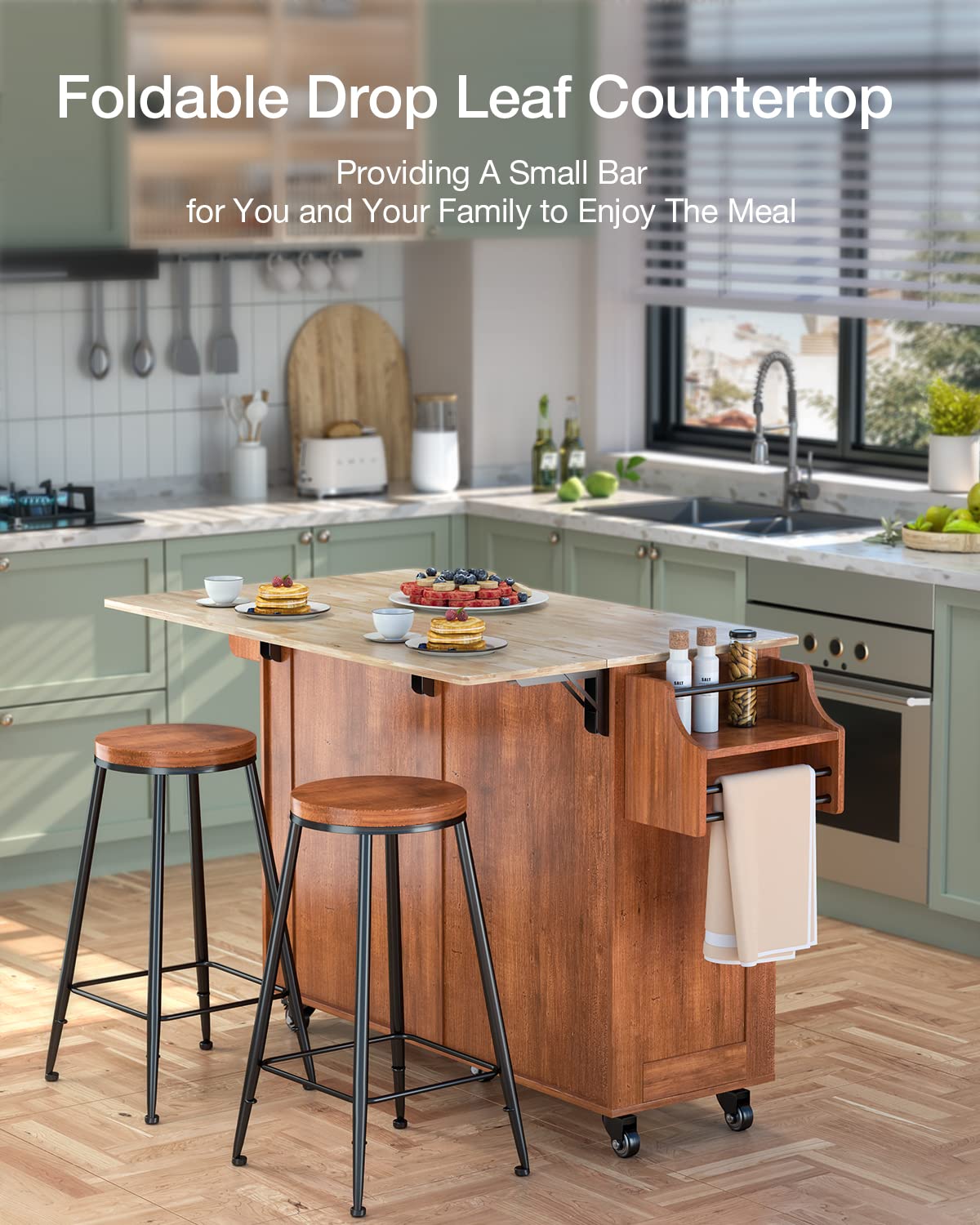 Kitchen Island with Drop Leaf & Storage on Wheels