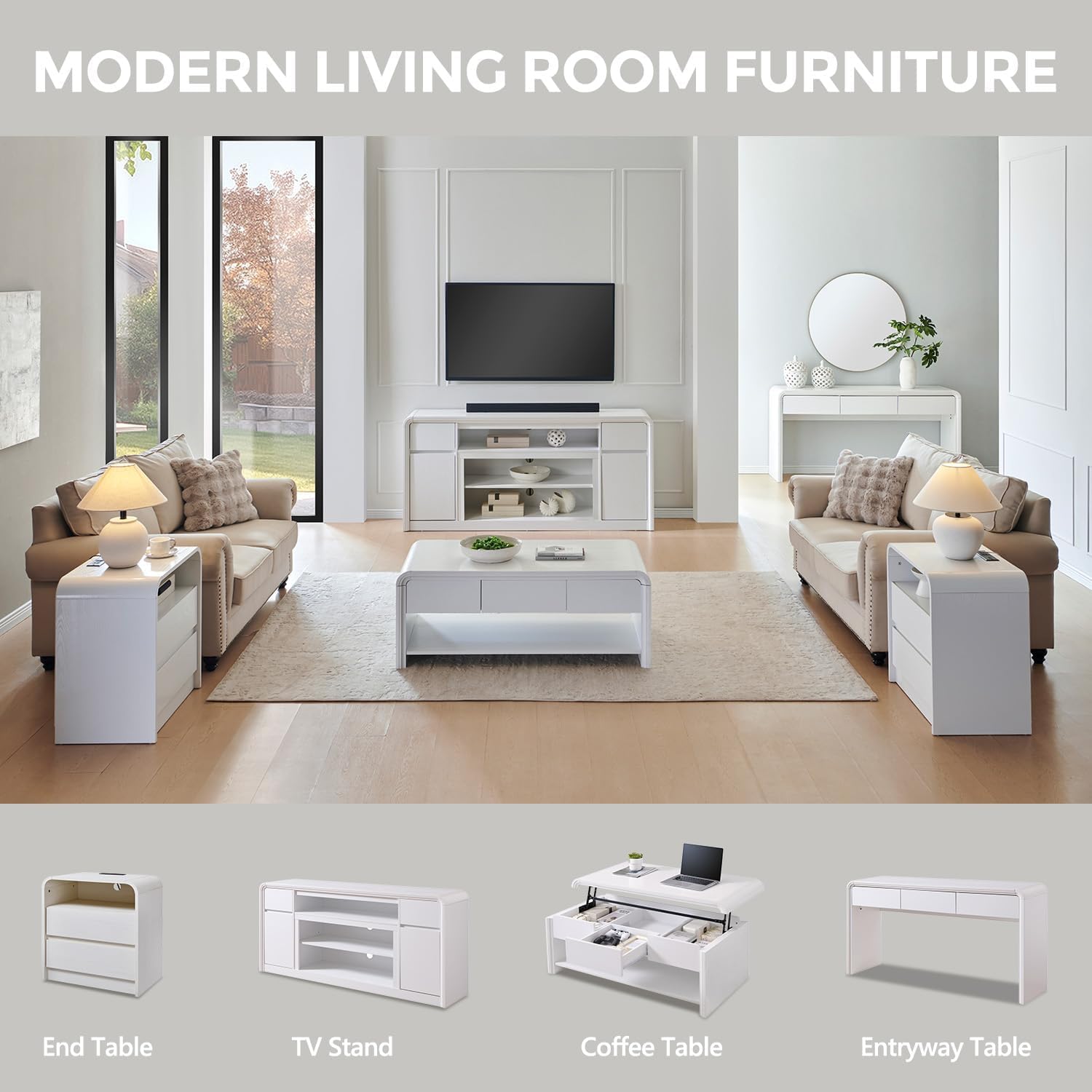 Aitjunz 63'' Console Table with 3 Drawers, Modern Entryway Table with Curved Profile Design, Narrow Long Wood Sofa Table Behind Couch Table for Living Room, Hallway, Foyer, White