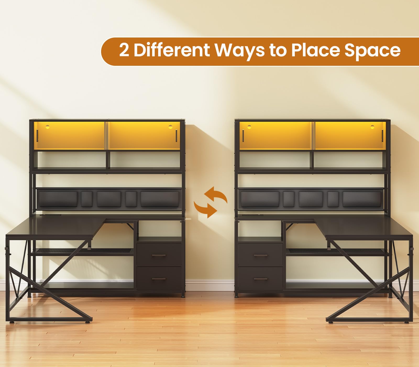 L-Shaped Gaming Desk with Bookshelf & LED Light
