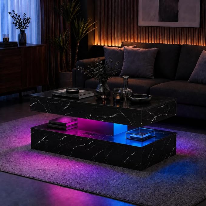 47" LED Lift Top Coffee Table with Sliding Drawers & LED Lighting