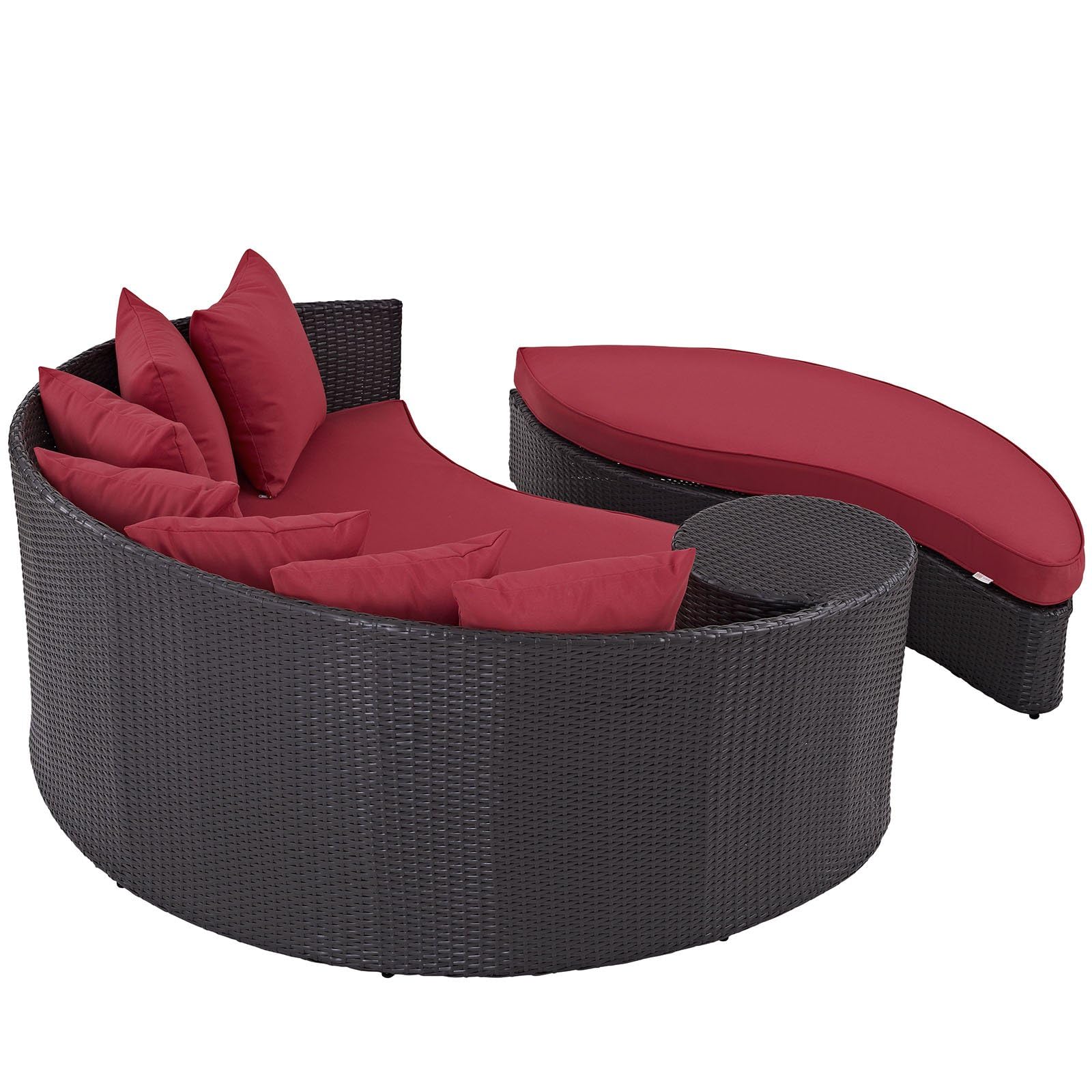 BOWERY HILL Aluminum and Rattan Patio Daybed, Espresso Frame with Red Cushions, 28.5" H x 71" W x 76" D, Outdoor UV/Water Resistant Lounge Sofa for Patio, Backyard, Poolside Use