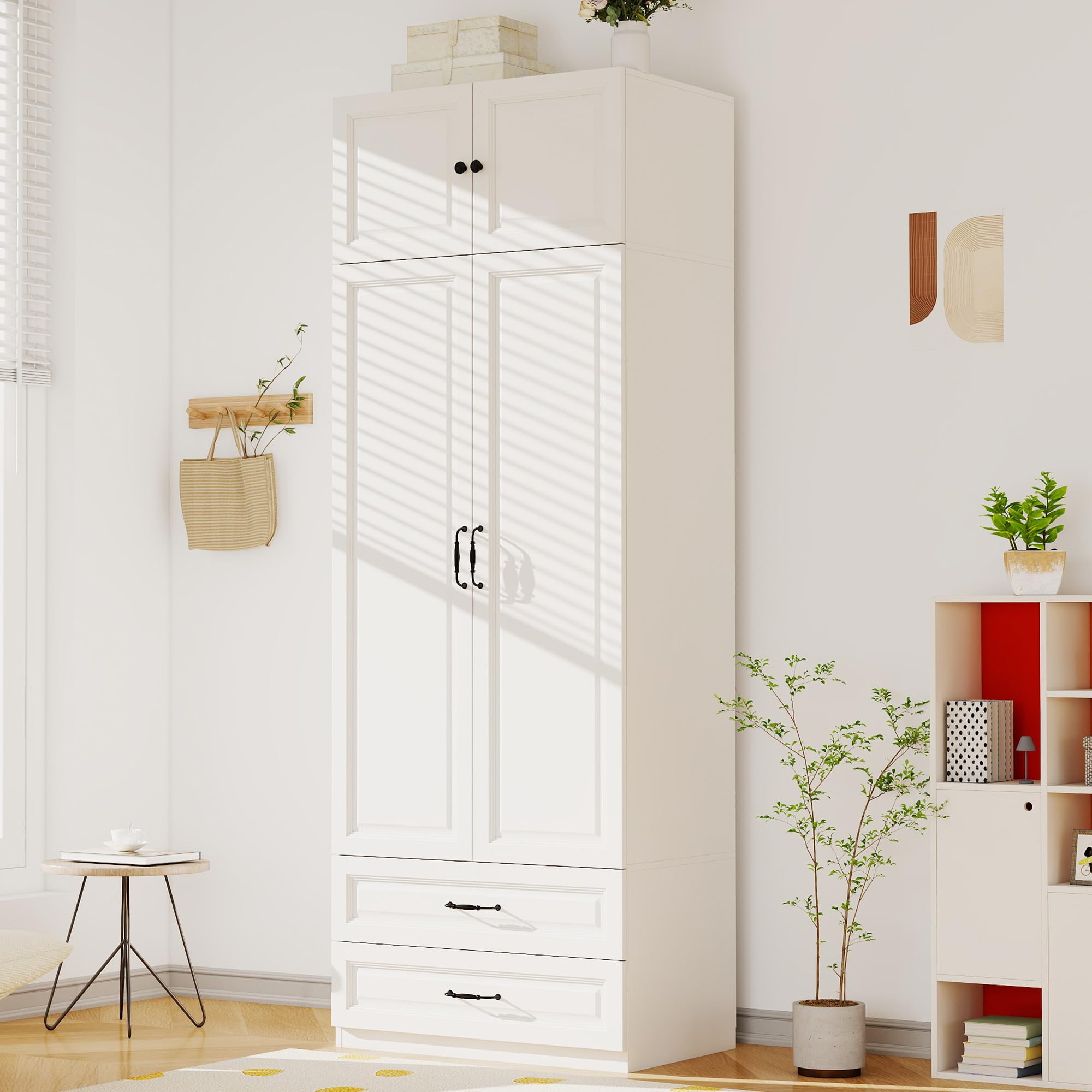 Vrmuxita Armoire Wardrobe Closet with Drawers: Bedroom Armoires with Hanging Rod, Wooden Closet Cabinet for Hanging Clothes, Tall Wardrobes Closets with Doors and Shelves (White, 32")