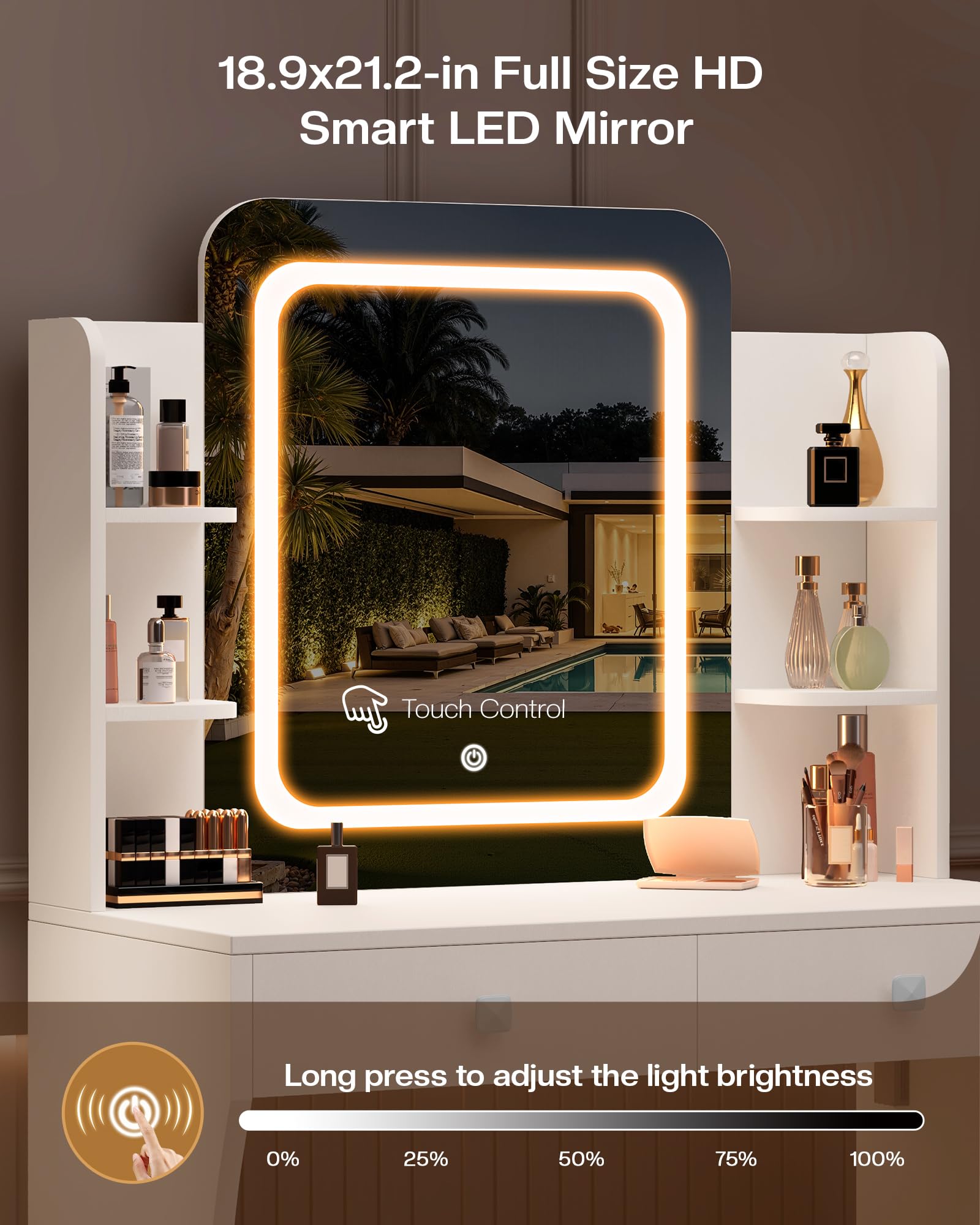LIVELYGLOW Small Makeup Vanity Desk with Smart LED Mirror & Power Outlet, 29.5" White Vanity Table with Hairdryer Rack, 5 Storage Shelves & 2 Drawers, Compact Dressing Table for Small Spaces