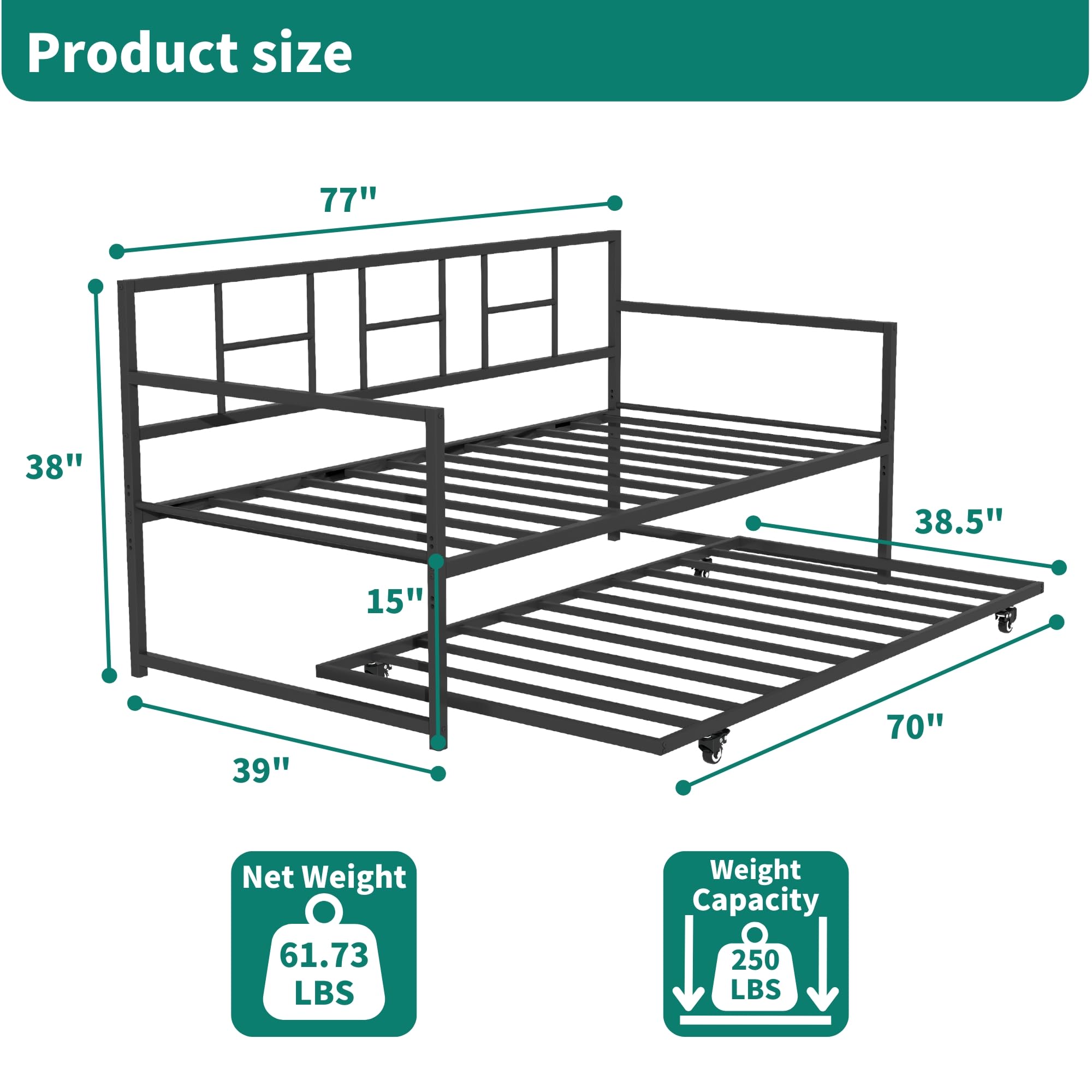 YITAHOME Daybed with Trundle, Adjustable Height Twin Daybed with Pull Out Trundle, Sofa Bed Couch with Steel Slat Support for Living Room and Guest Room, Black