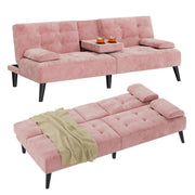 Velvet Futon Sofa Bed with Removable Armrests – Pink