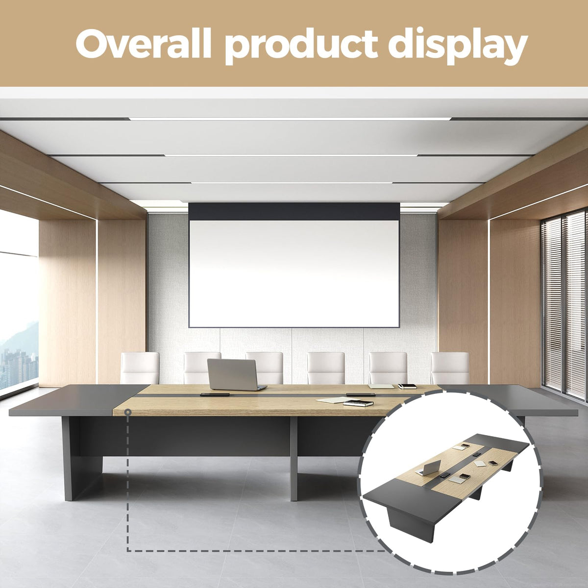 Huariifowm 10FT Conference Table for 8-10 People, Large Rectangular Boardroom Meeting Table with Built-in Power Outlets, USB-C Ports, 2" Thick Tabletop & Heavy-Duty Base, Oak + Gray
