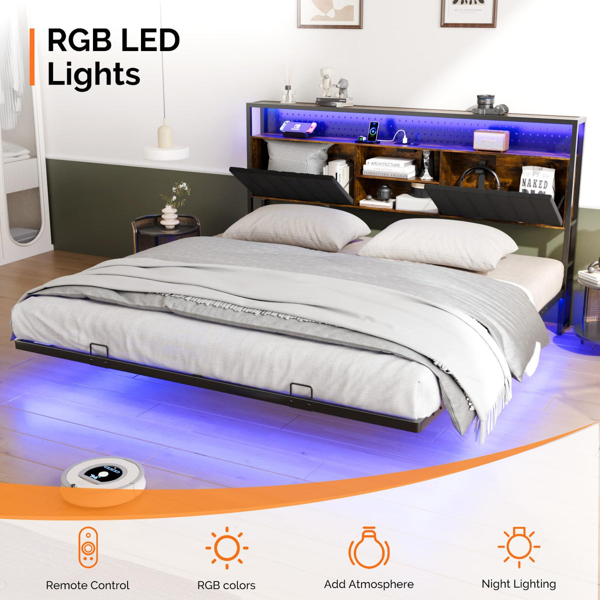 VINGLI King Size Floating Bed Frame with LED Lights and Charging Station, Cozy Hidden Storage Velvet Upholstered Headboard,No Box Spring Needed,Easy Assembly,Black