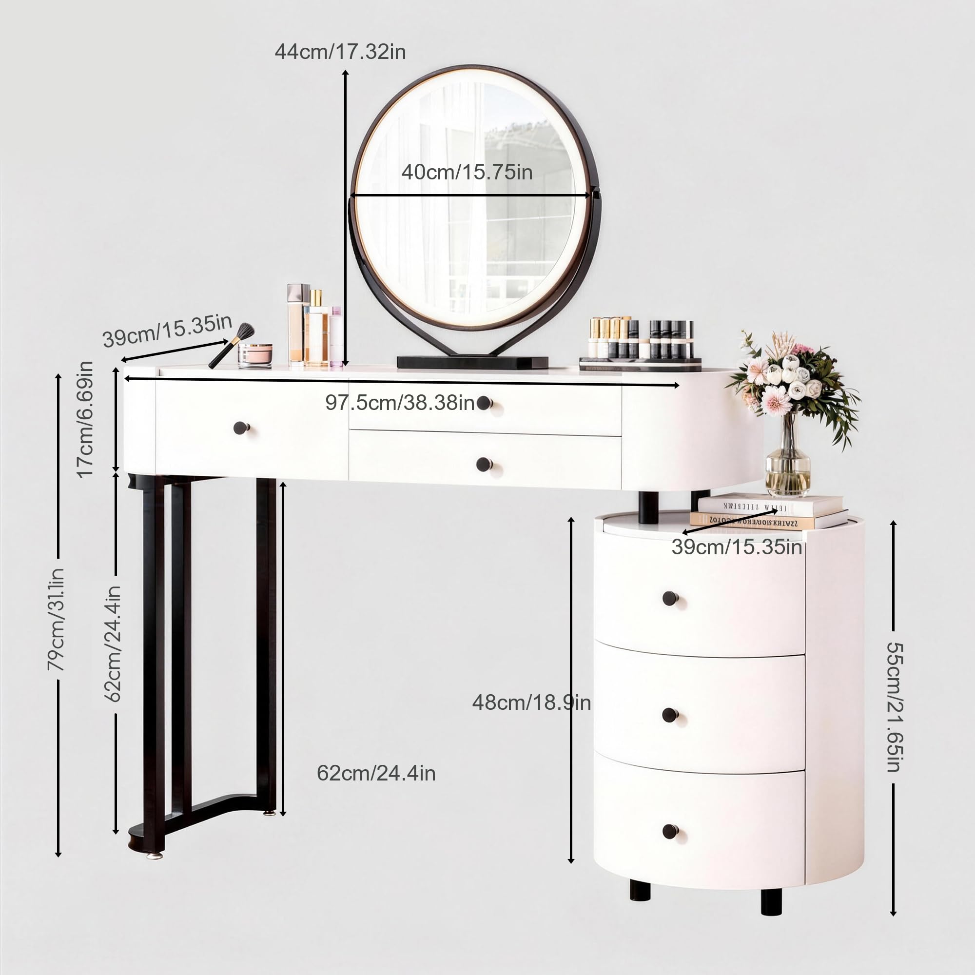 KDCAS Modern Vanity Desk with Mirror and Lights | Faux Leather Makeup Vanity with 5 Drawers | Round Reversible Side Cabinet for Small Spaces 38.38-46.45 in (White)