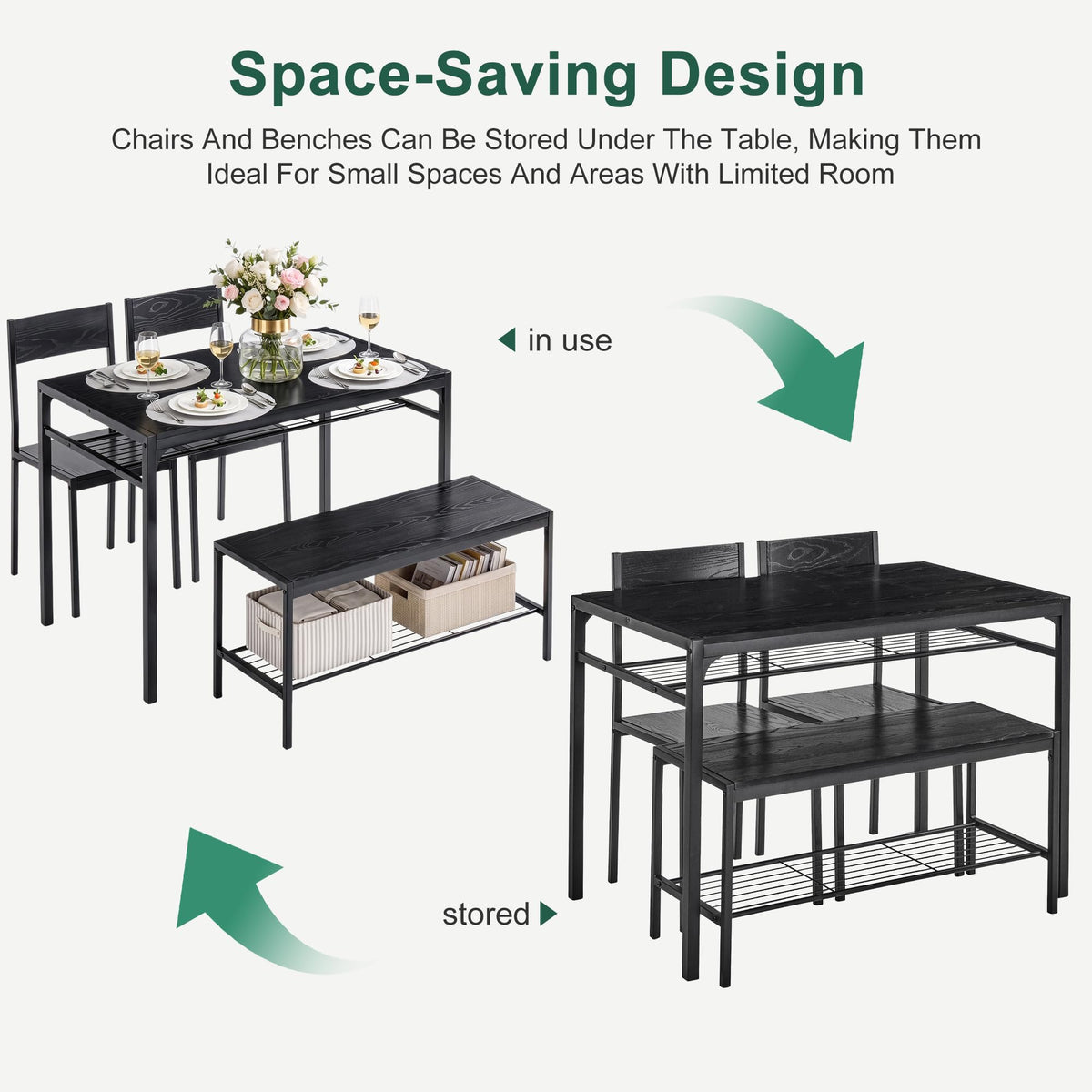 VECELO Kitchen Dining Room Table with 2 Chairs & Bench, Compact Space-Saving Design, Easy Assembly Steel Frame, Perfect for Small Apartments & Breakfast Nooks，Classic Black