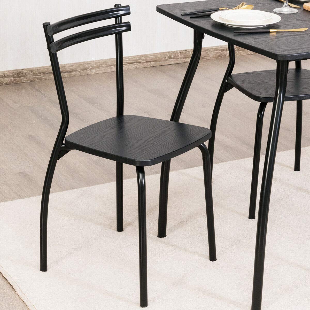 GIANTEX 5-Piece Dining Table Set for 4, Kitchen Table with 4 Chairs, Spray Paint Metal Frame, Wooden Grain Finish, Curved Legs, Line Design, Minimalist Dinette Set for Small Space, Living Room, Black