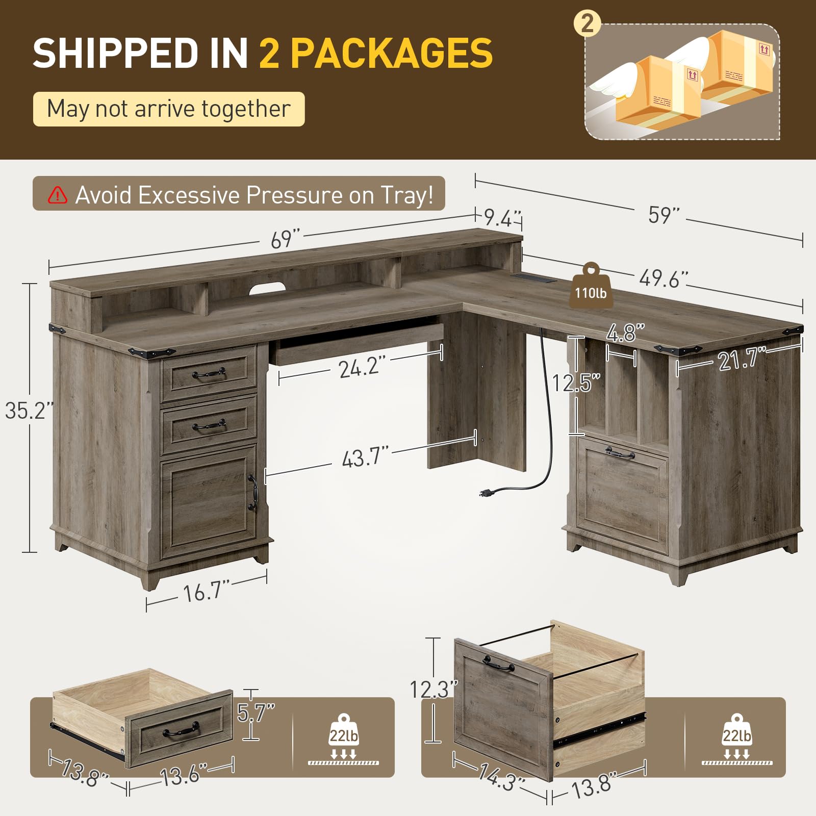 RALGEND Farmhouse 69" Executive L Shaped Desk with Drawer, Home Office Desk with Charging Station, Corner Computer Desk with Monitor Stand, File Drawer, Storage Cabinet, Greige