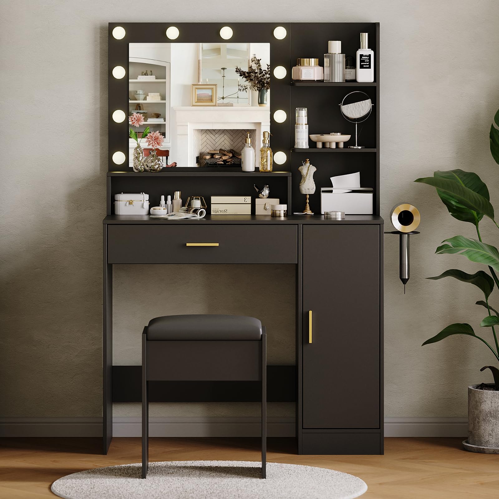 GarveeHome Makeup Vanity Desk with HD Mirror & 10 LED Bulbs, Dressing Table with Charging Station, Adjustable 3 Lighting Modes, Hairdryer Rack & Cushion Stool, Modern Bedroom Vanity Set, Black