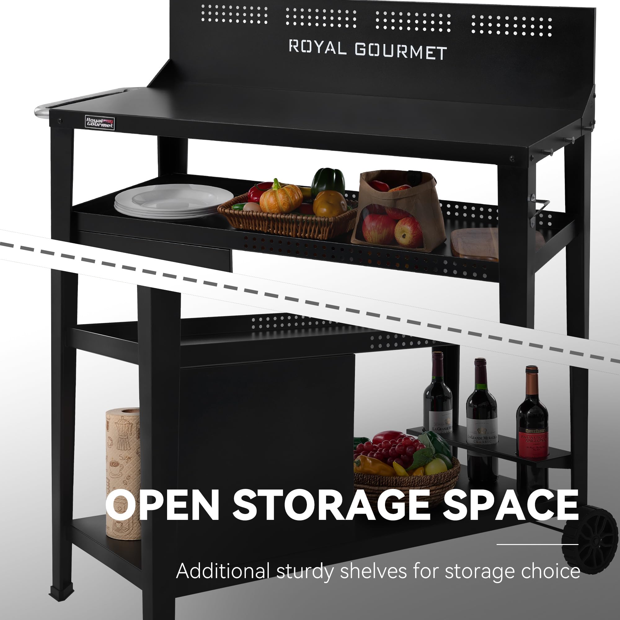 Royal Gourmet PC4401B 3-Tier Dining Cart with Wind Guard, Sturdy Structure and Ample Storage Shelves, for Indoor & Outdoor use，with Bottle Opener, Hooks, Wine Rack, Multifunctional Side Handle, Black