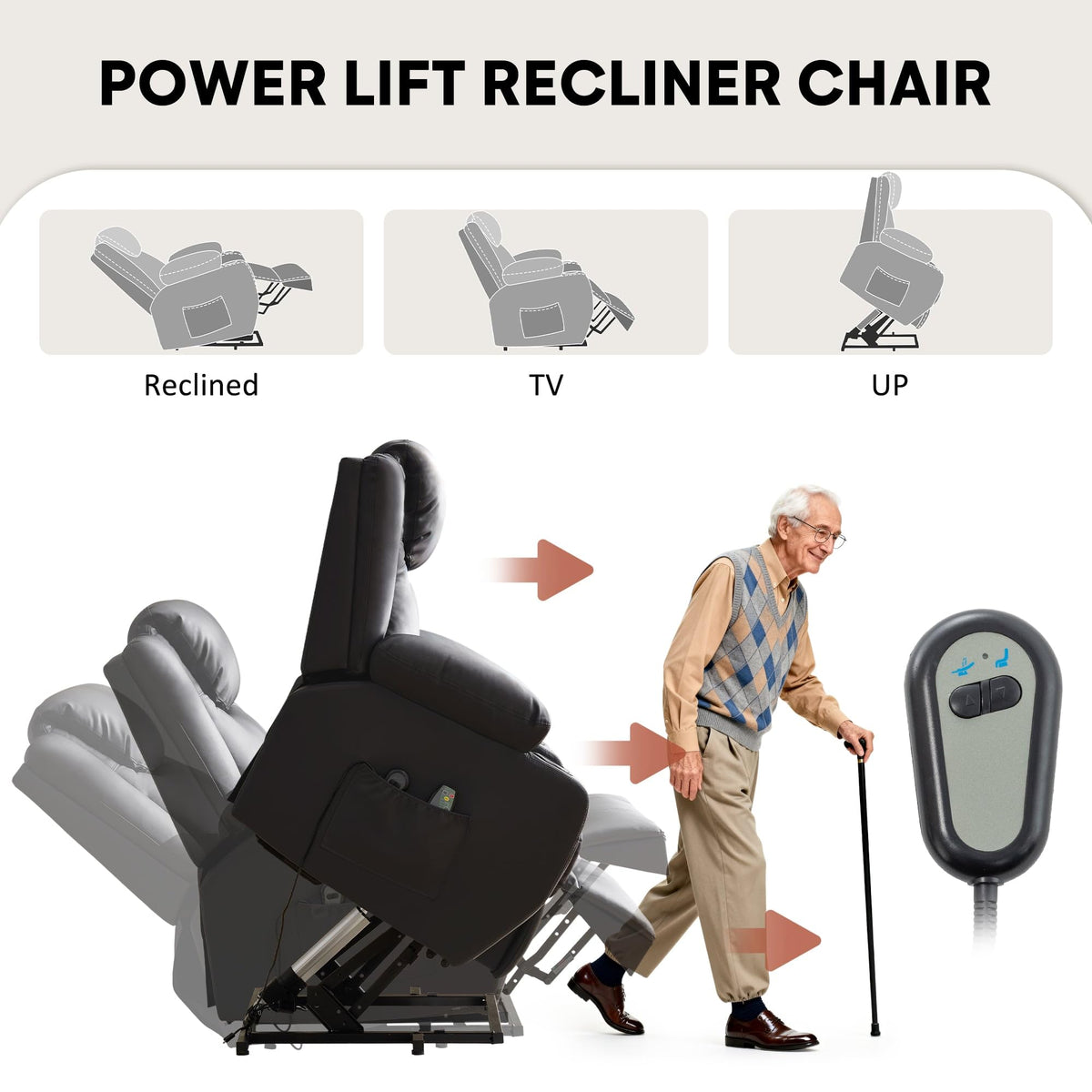Korser Oversized Power Lift Recliner Chair with Massage and Heat for Elderly, 26" Overstuffed Wide Electric Recliner with 2 Side Pockets, Cup Holders, Lift Chair for Living Room, Faux Leather, Black