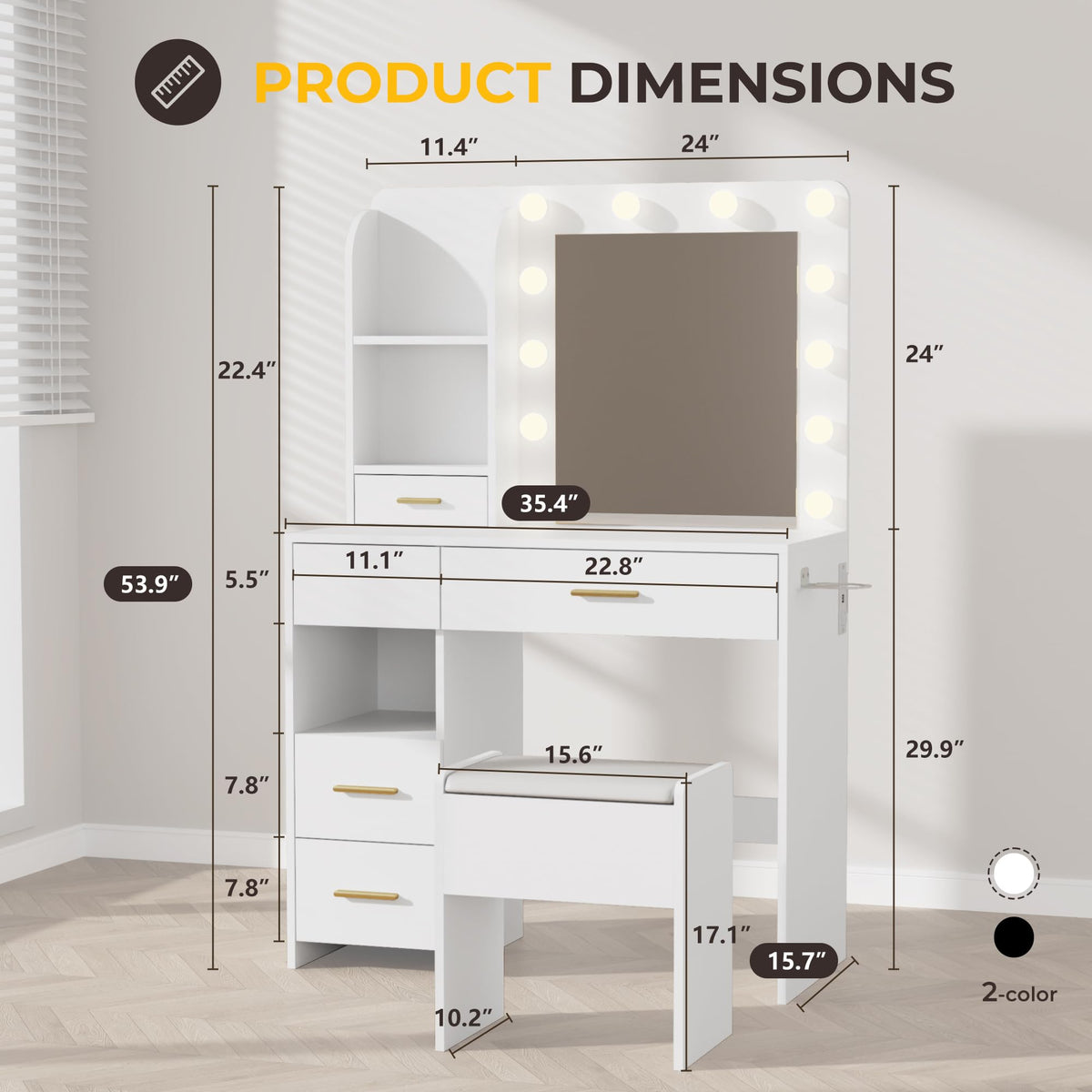 Otterease 35" Makeup Vanity Desk with LED Mirror, Storage Stool, White