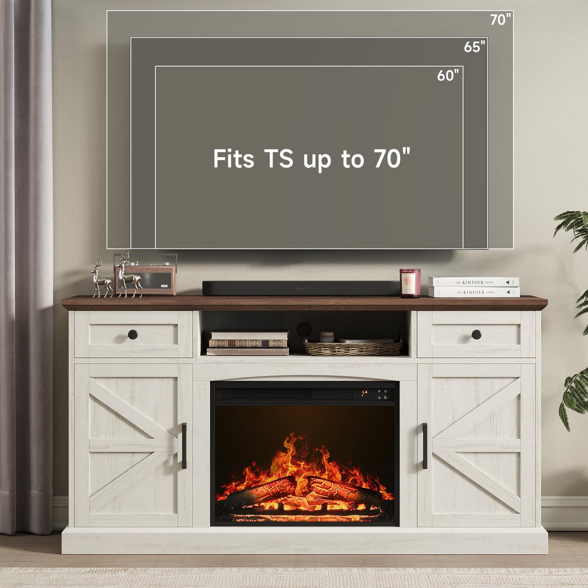ONBRILL Farmhouse Fireplace TV Stand, TV Table with 23" Electric Fireplace