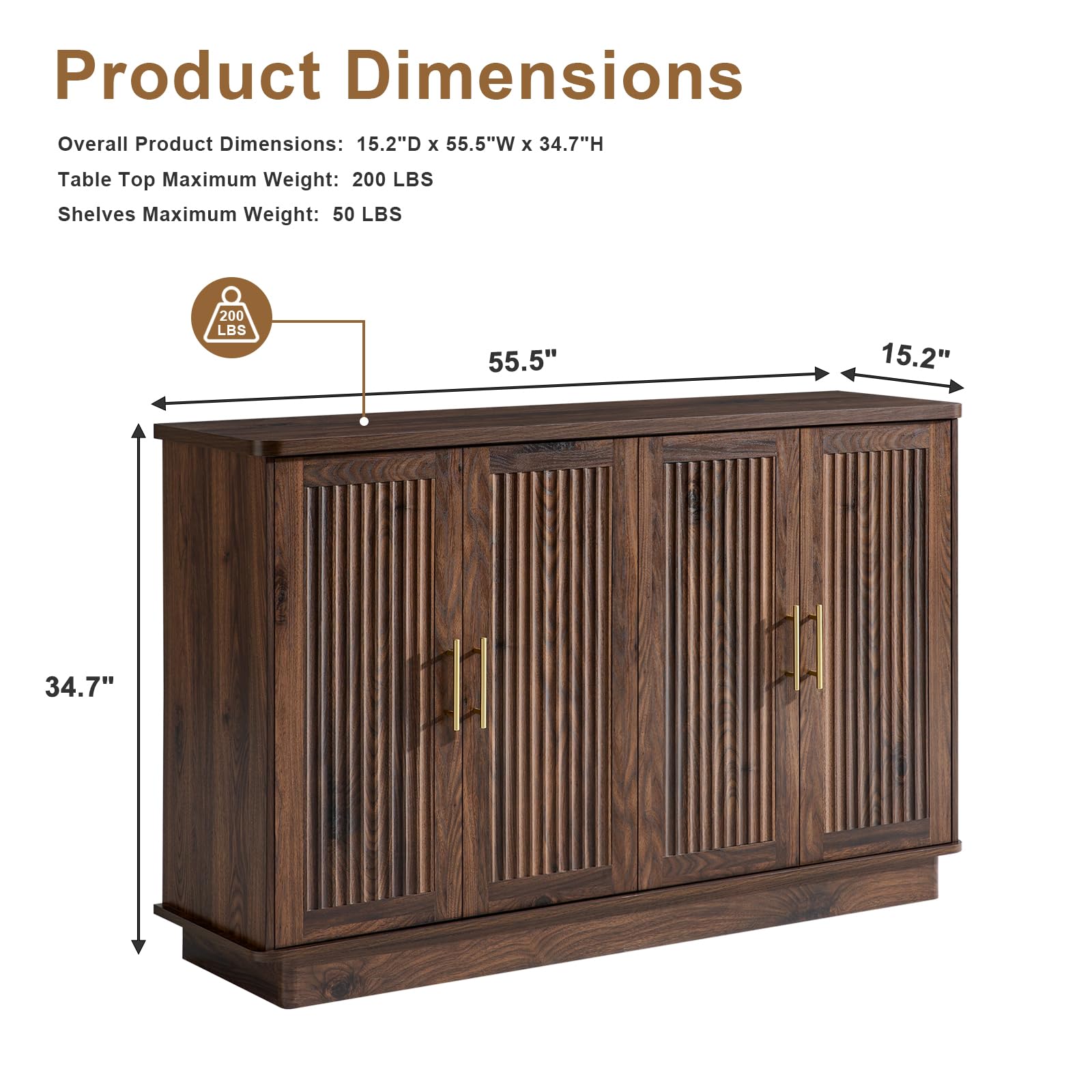 Modern Fluted Sideboard Buffet Cabinet with 4 Doors & Adjustable Shelves
