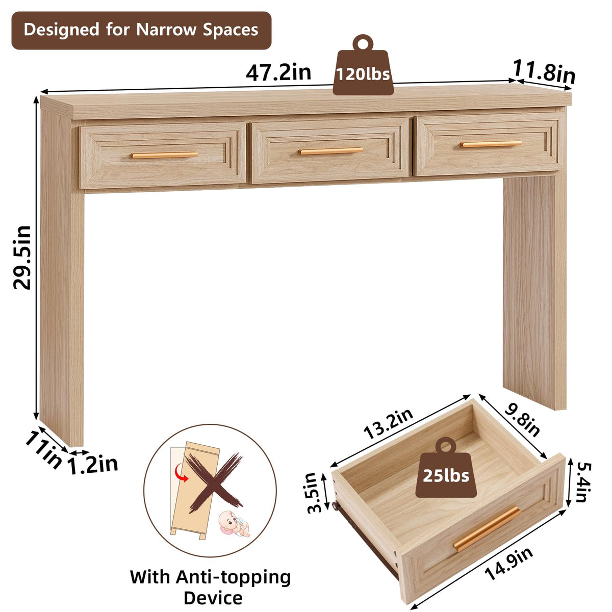 RWYHG 47" Entryway Table with 3 Drawers, Modern Wood Console Table, Natural