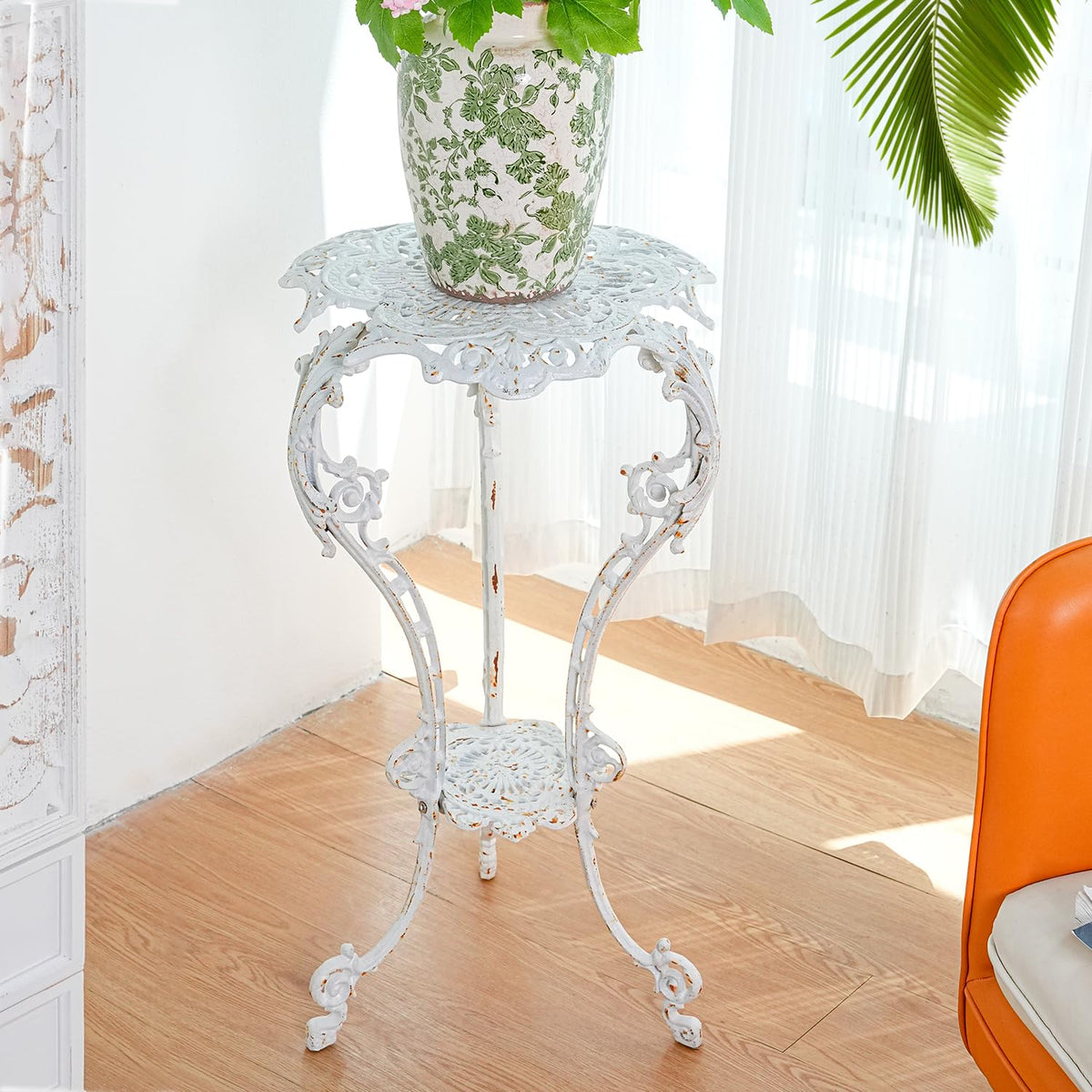 Sungmor Cast Iron Plant Stand, Victorian Fern, Rustic White, Outdoor Indoor