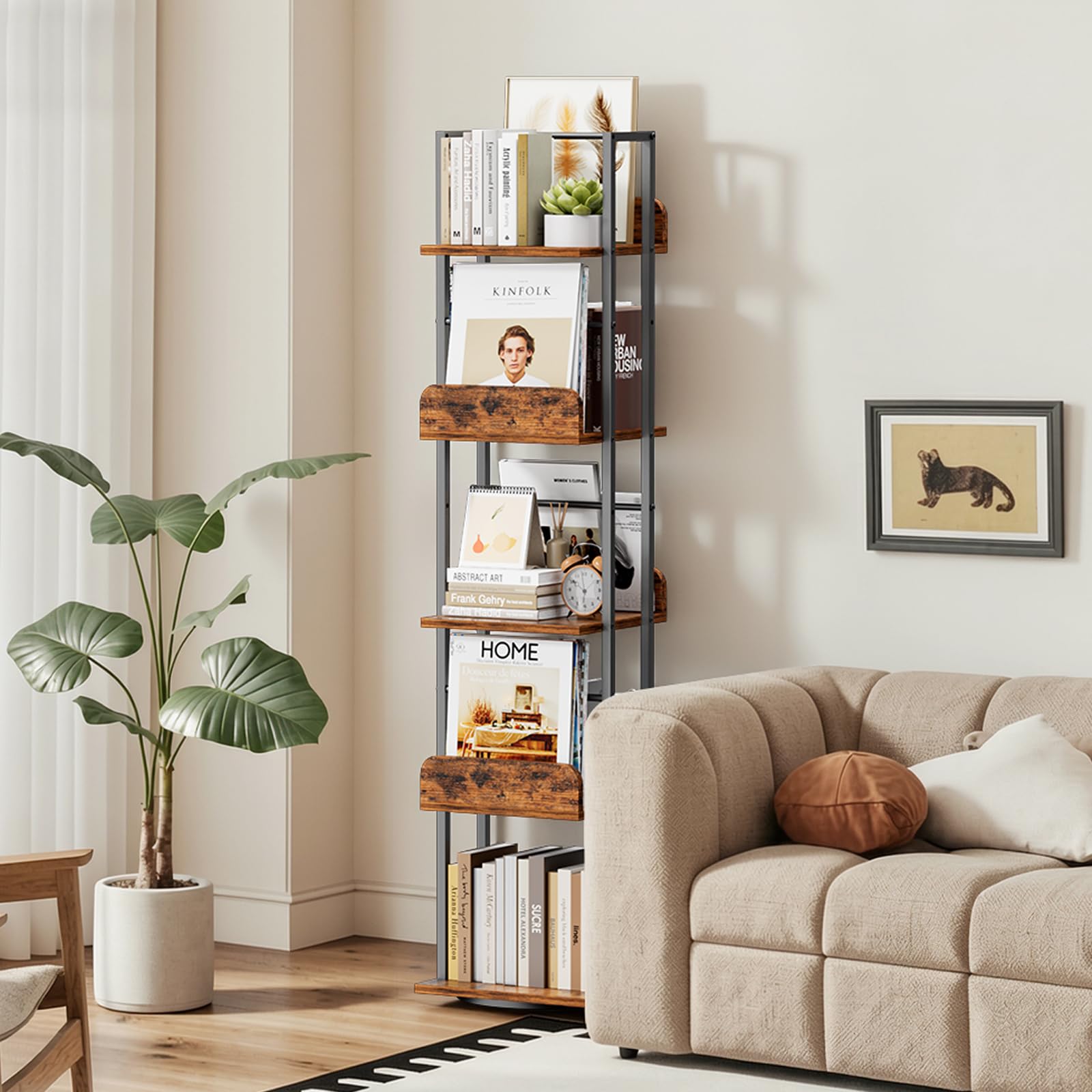 Bikoney Rotating Bookshelf, 360 Display Spinning Bookshelf Tower, 5-Tier Narrow Bookcase, Tall Industrial Book Shelf Organizer, Small Corner Book Shelves for Living Room, Black