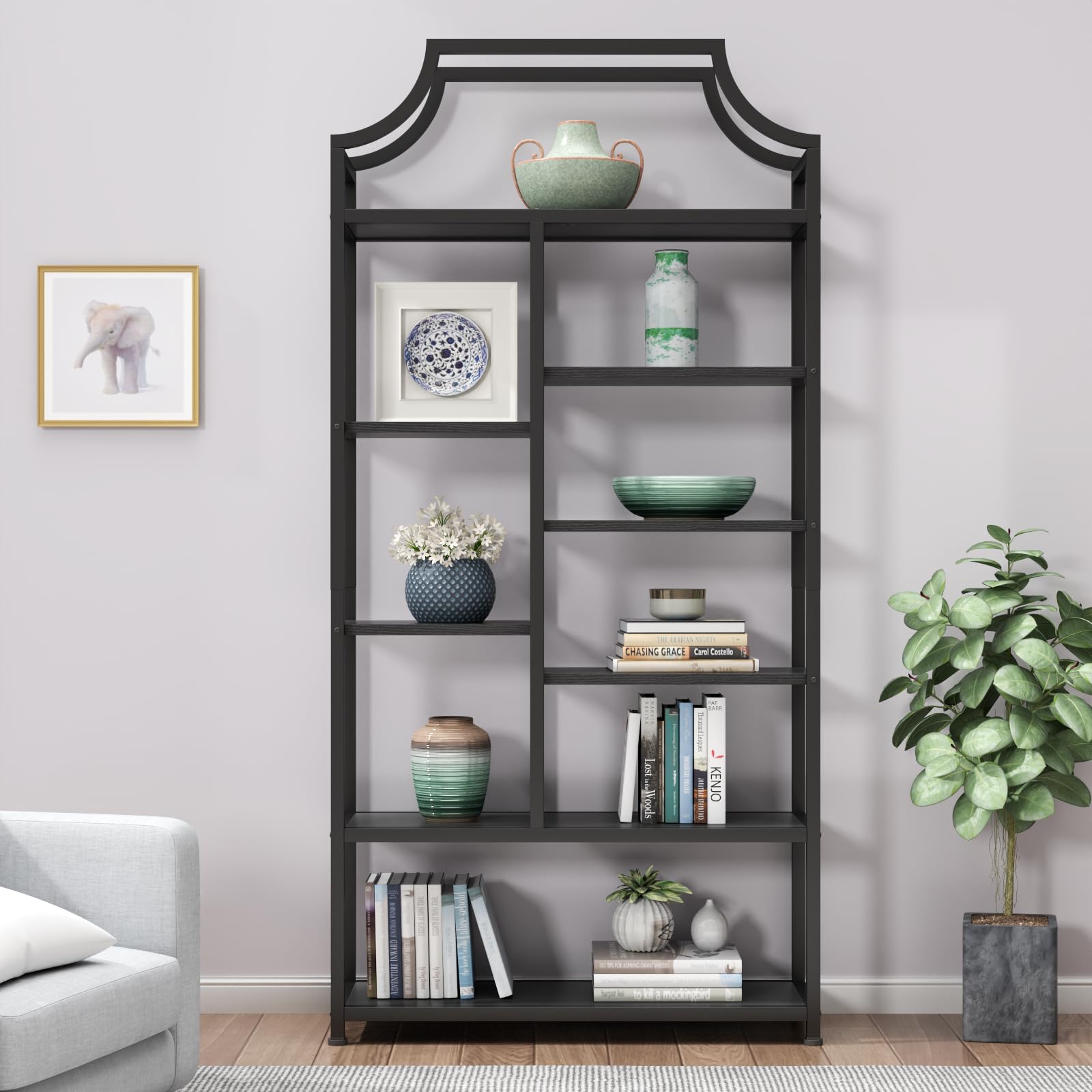 8-Tier Etagere Bookcase – Staggered Open Shelf with Metal Frame