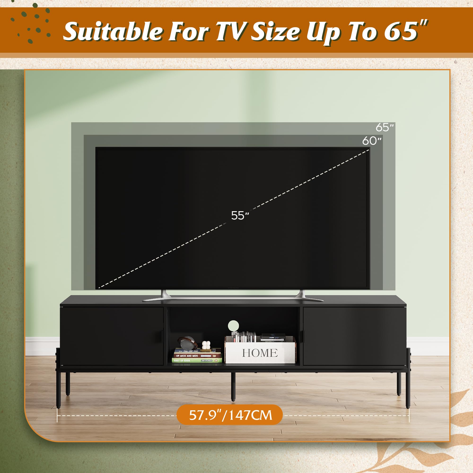 WLIVE 58" TV Stand for 65 Inch TVs, Mid Century Modern Entertainment Center with 2 Storage Cabinets & Open Shelf, Media Console Table with Metal Legs for Living Room, Bedroom, Black