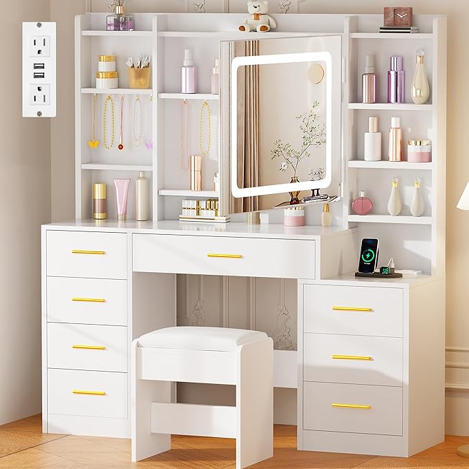 Large Makeup Vanity Desk with Lights, Mirror & Drawers – White