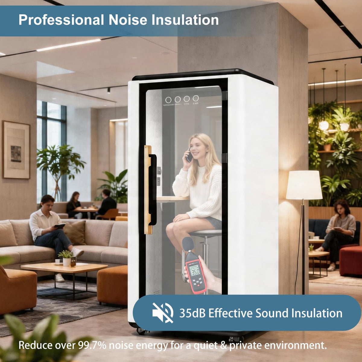 VESTAEL Soundproof Office Pod Booth, Quiet Meeting Pod with Acoustic Panels, Portable Modular Pod, Privacy Booth for Private Phone Calling Mobile Roller with Desk, LED Light, Fans and AC USB Ports