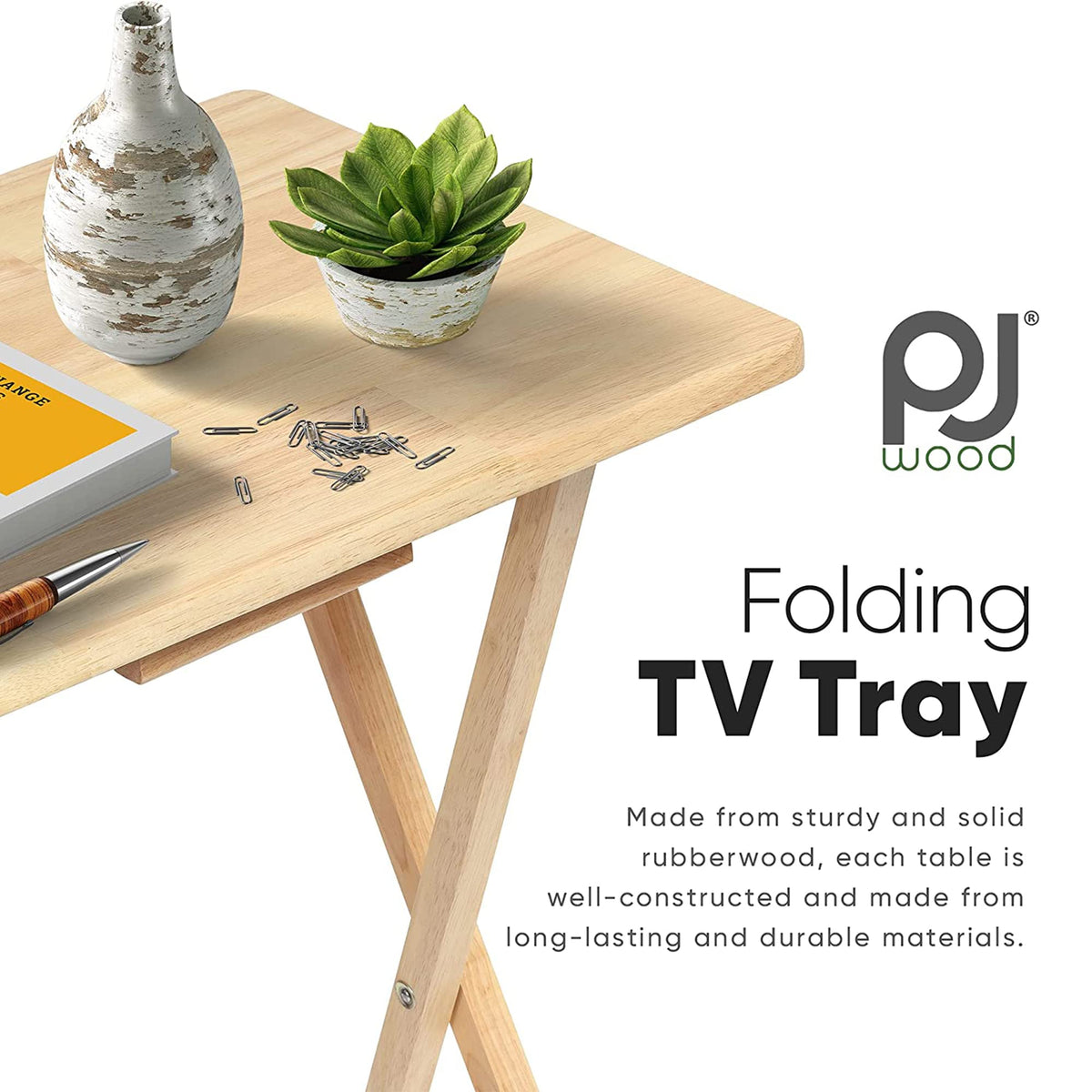 PJ Wood - 5-Pack Folding TV Tray Tables - Wooden Set with Storage Rack