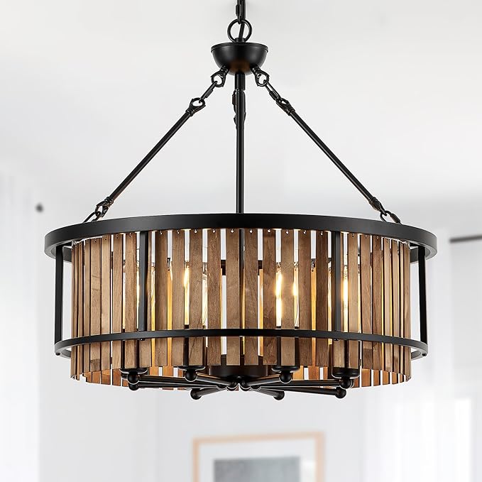 Rustic Drum Chandelier – Wood & Black Metal