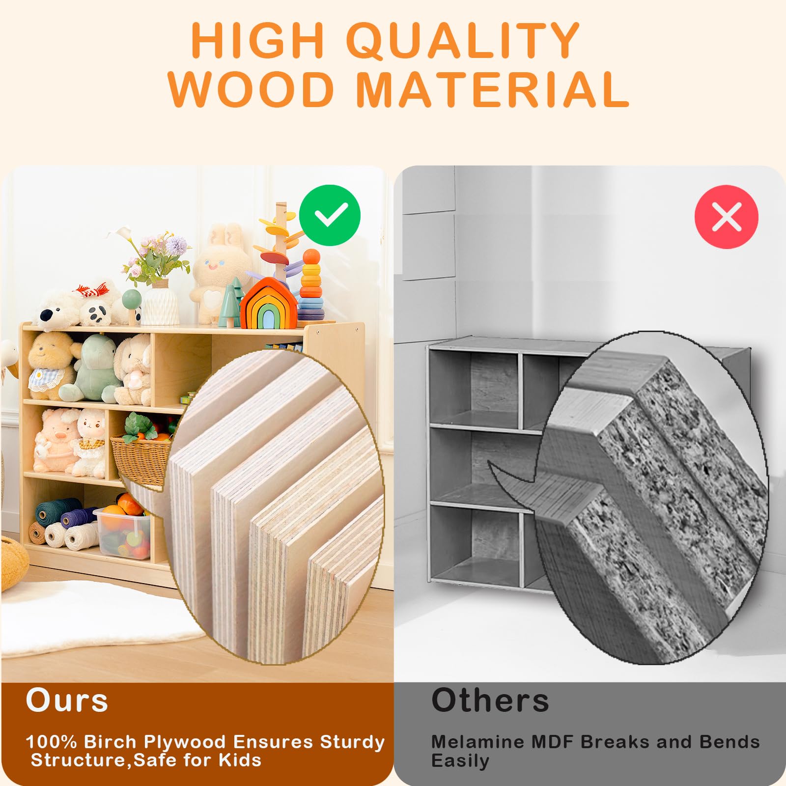 kidi house Kids Bookshelf and Toy Storage Shelf, Wooden Montessori Bookshelf, 3-Tier Toy Shelves with 7 Cubby, Classroom Furniture, Birch Children Bookcase, Book Shelf for Kids Room, Nursery, Playroom