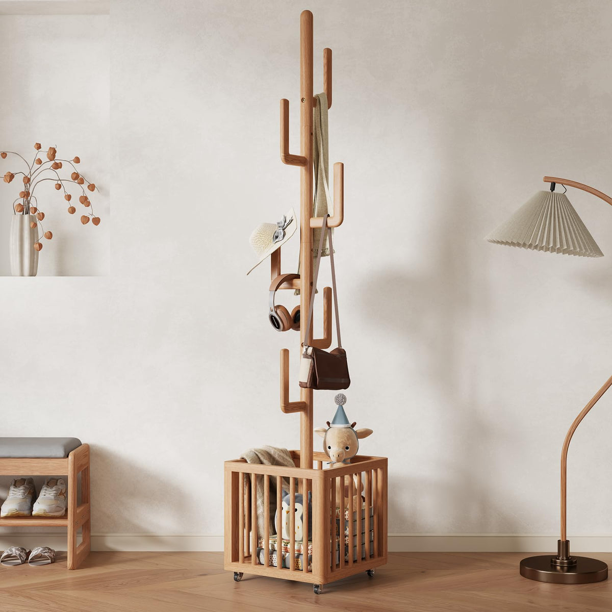 Wood Coat Rack with Storage