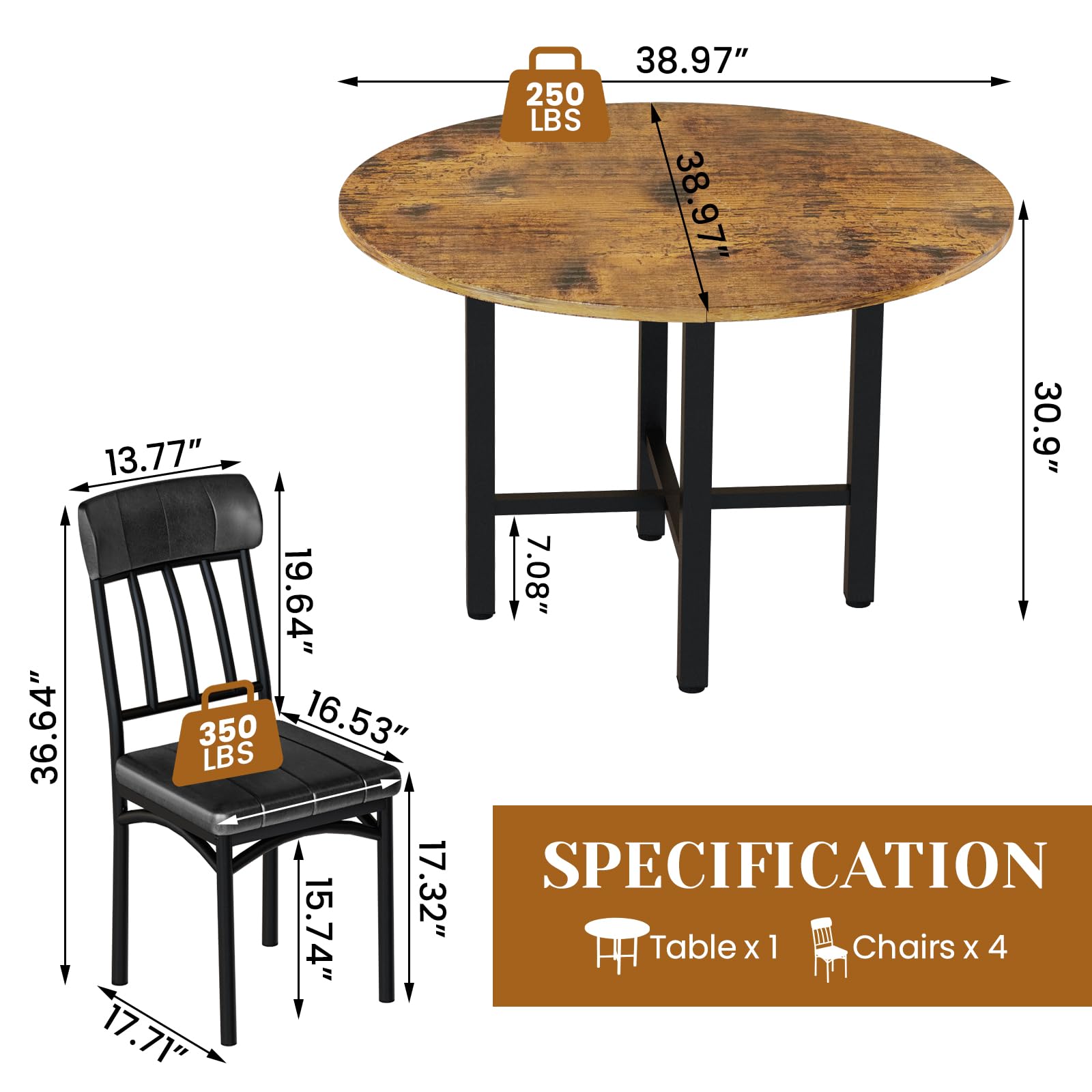 Round Dining Table Set for 4 with Faux Leather Chairs