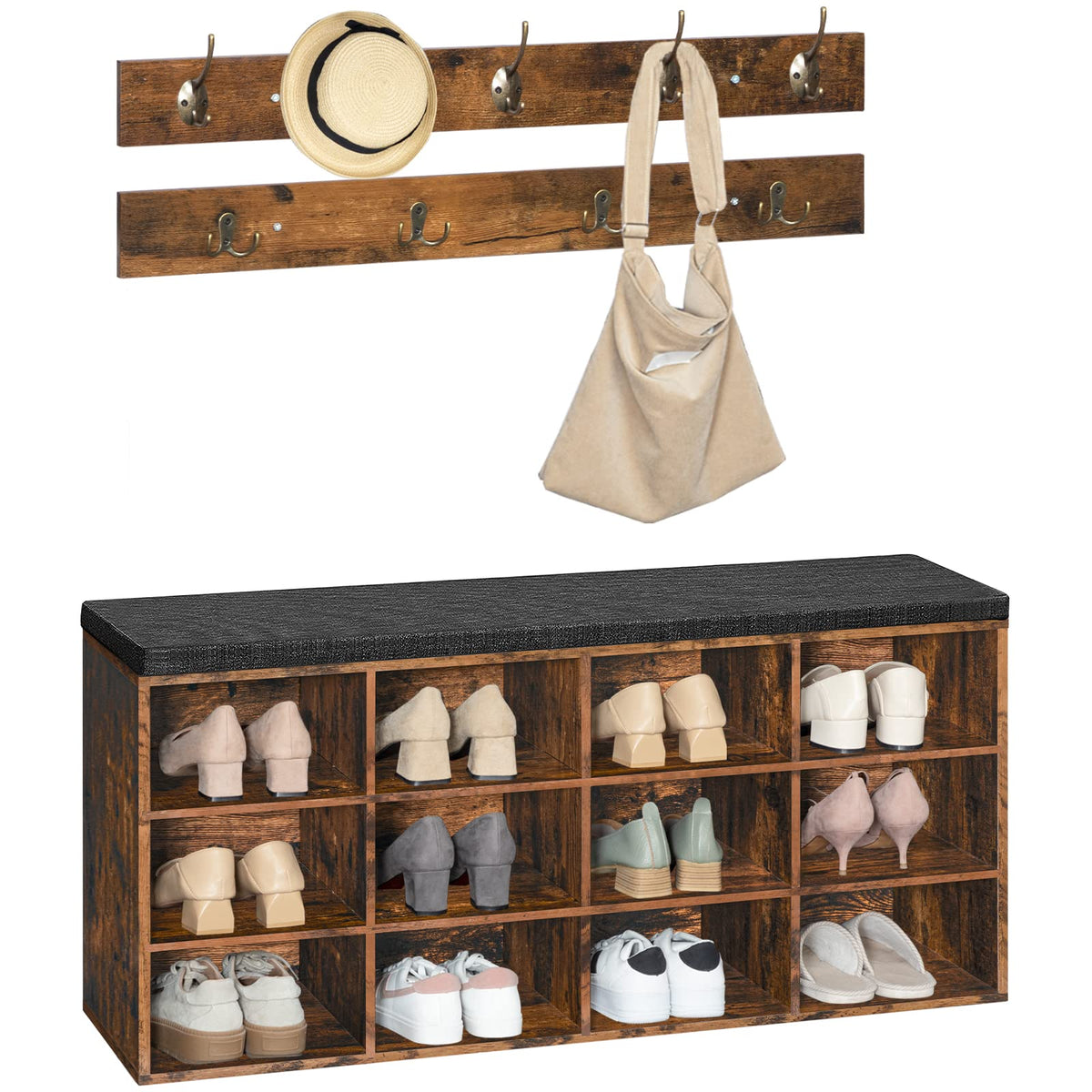 HOOBRO Shoe Storage Bench with Cushion, 39.4" L Entryway Bench with 12 Cubbies, Entryway Hall Tree with Storage, Shoe Cabinet with Coat Rack for Bedroom, Hallway, Holds up to 330 lb, BF112HX01G1