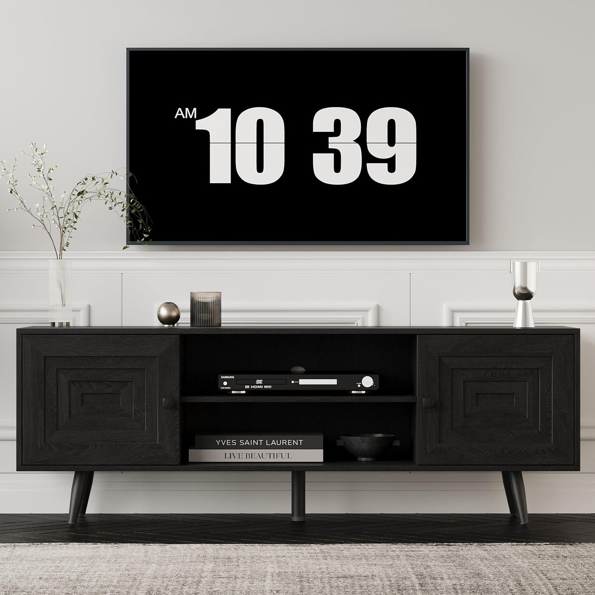 LZLUOB Modern TV Stand with Storage Cabinet, Wood Fashionable TV Cabinet with Waveform Panel and Adjustable Shelf, Entertainment Center TV Stand for TV, Living Room (Advanced Black