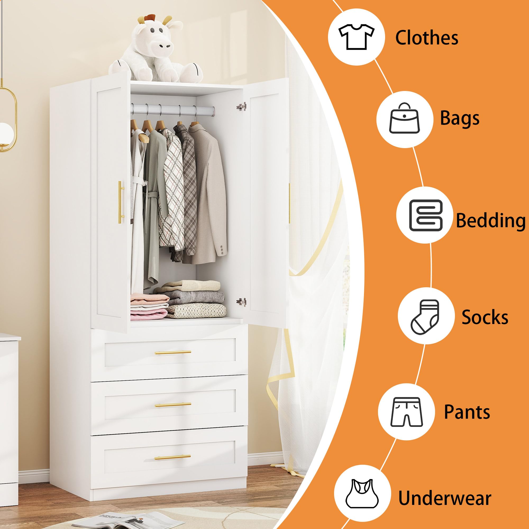 Wardrobe Closet with Drawers & Hanging Rod
