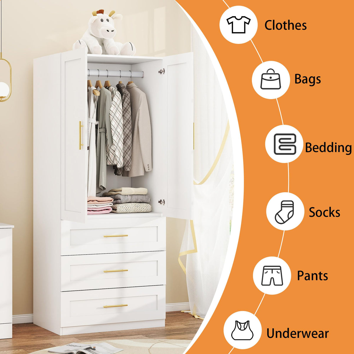 White Armoires Wardrobes Closet with 3 Drawers, 75" Tall x 32" Wide
