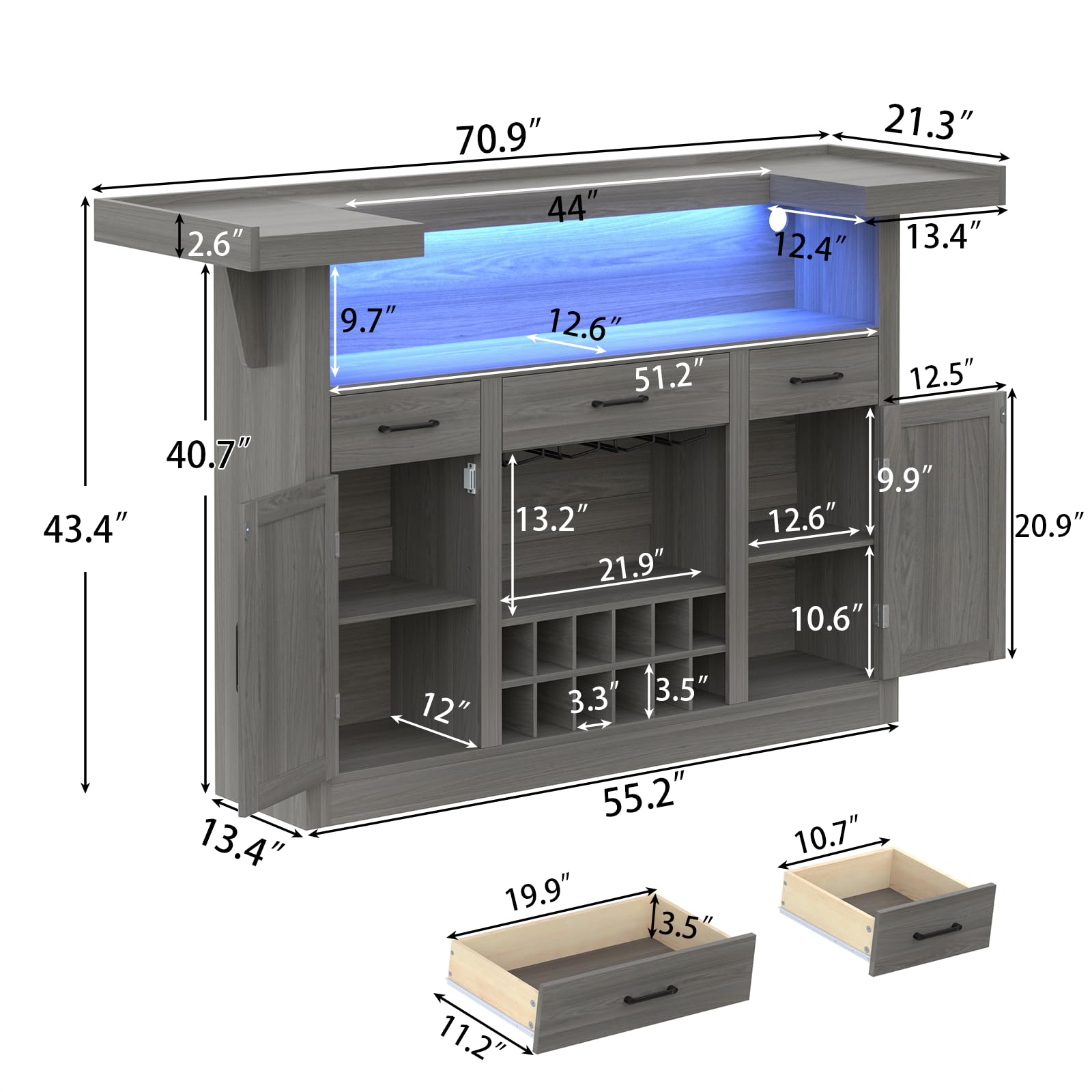 Wine Bar Cabinet with LED, 3 Drawers & Adjustable Wine Rack